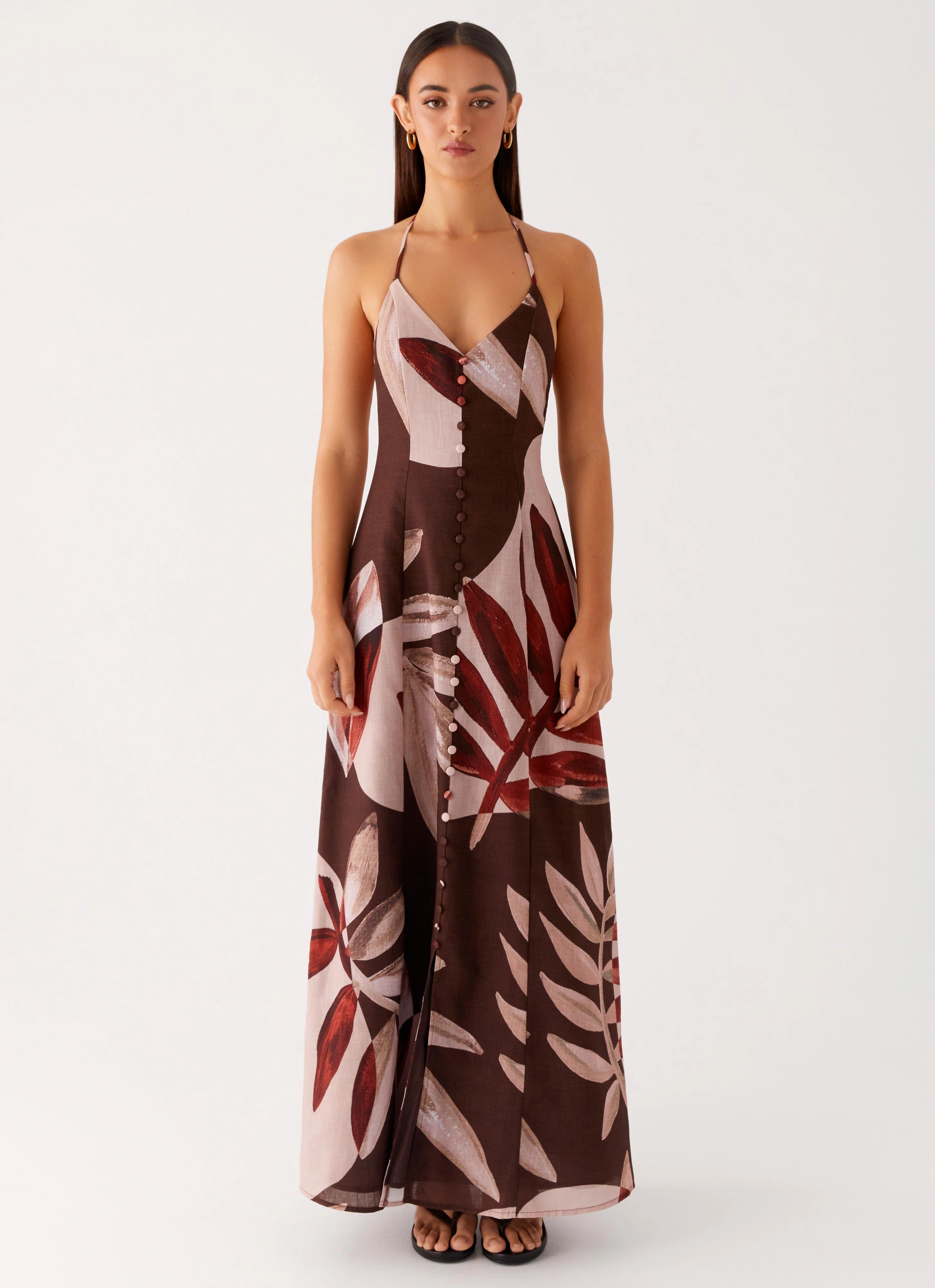 Autumn Linen Maxi Dress - Cinnamon Palm Neutral Tones