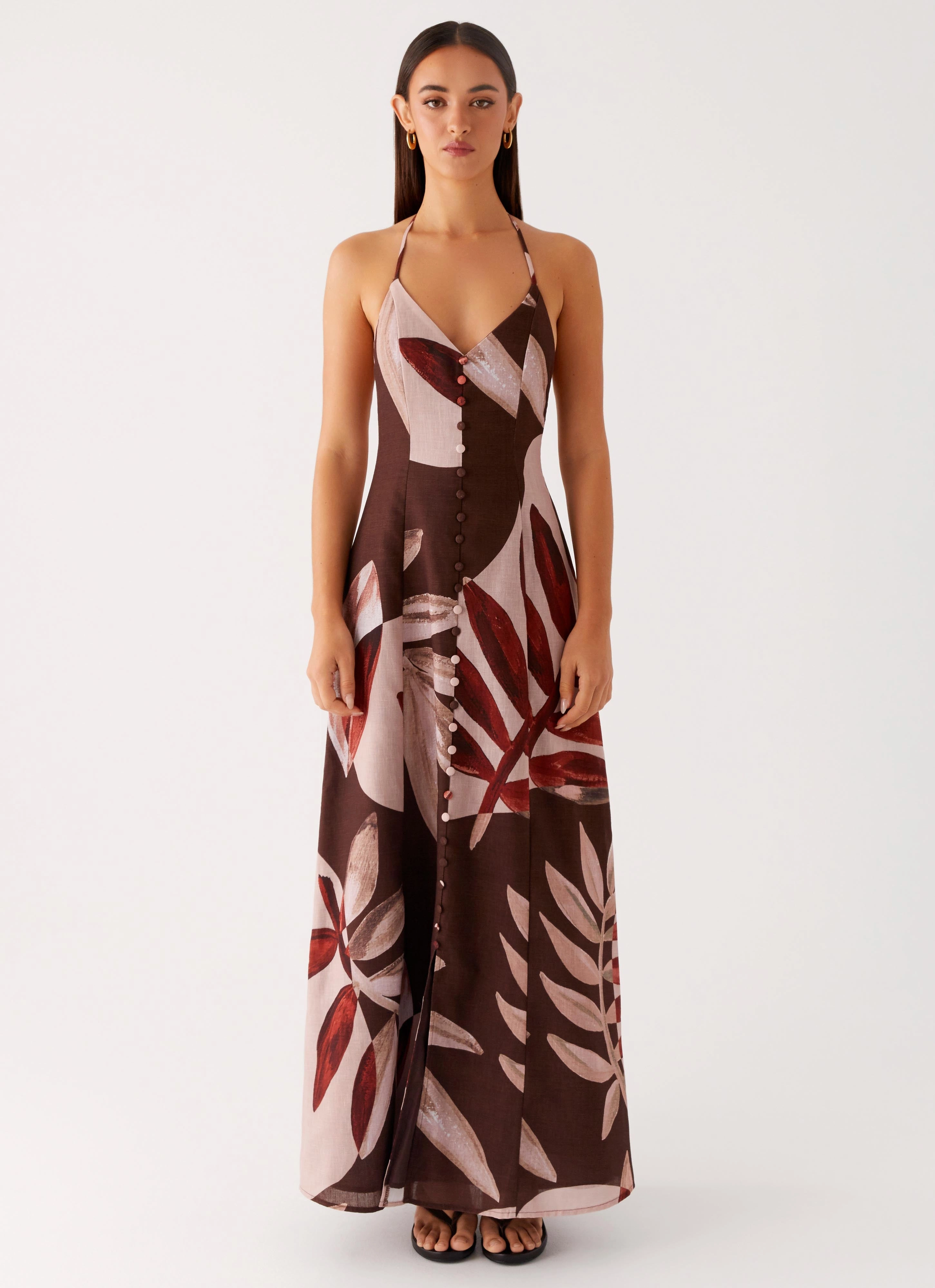 Autumn Linen Maxi Dress - Cinnamon Palm All-Day Comfort Wear Weekend Vibe