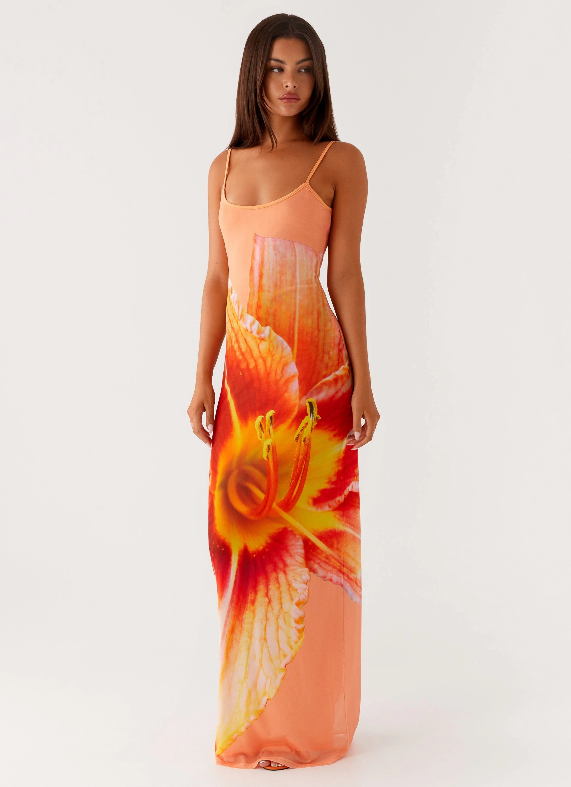 Bad News Mesh Maxi Dress - Orange Floral Regular-fit