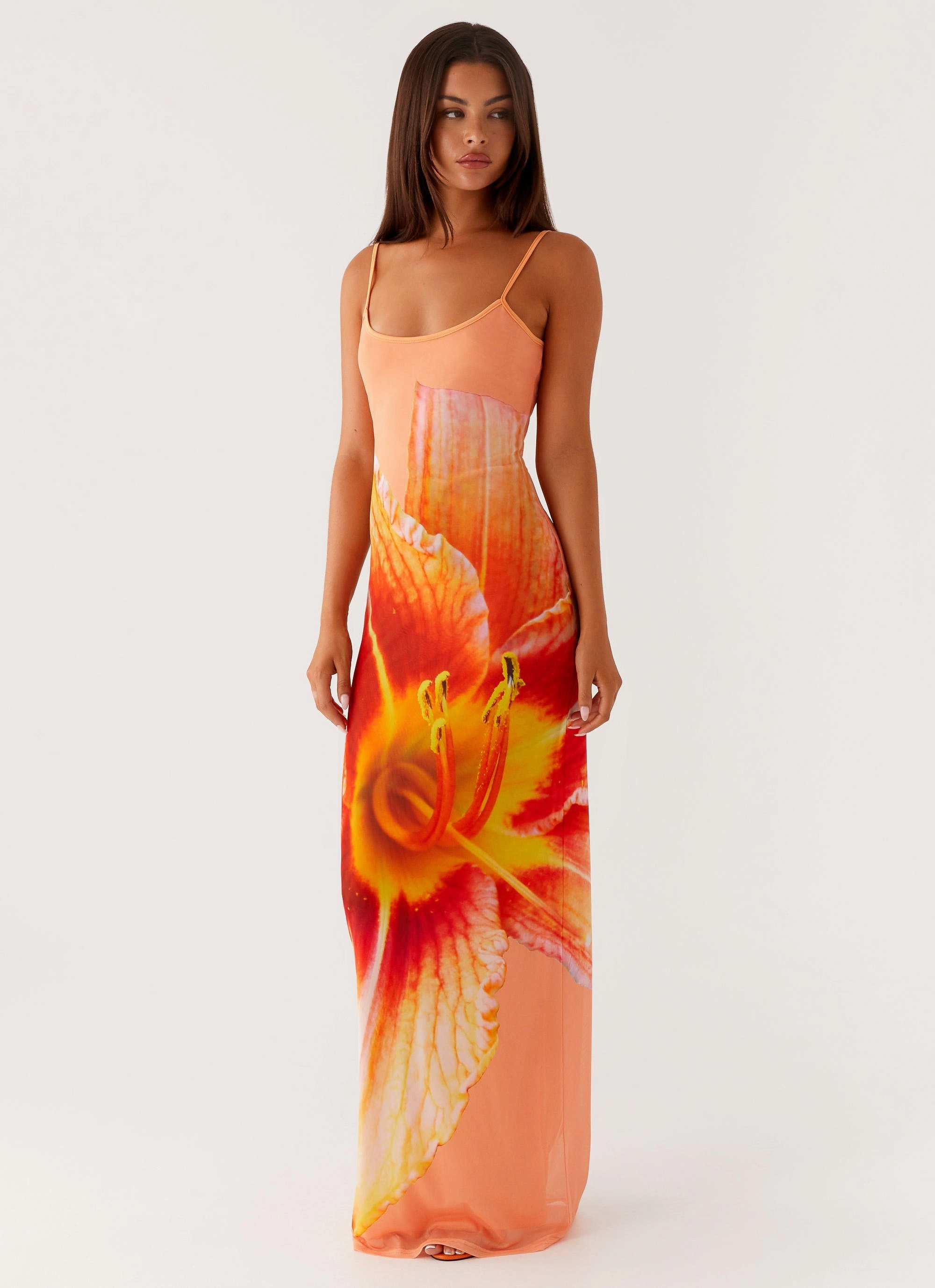 Bad News Mesh Maxi Dress - Orange Floral Dreamy Presence