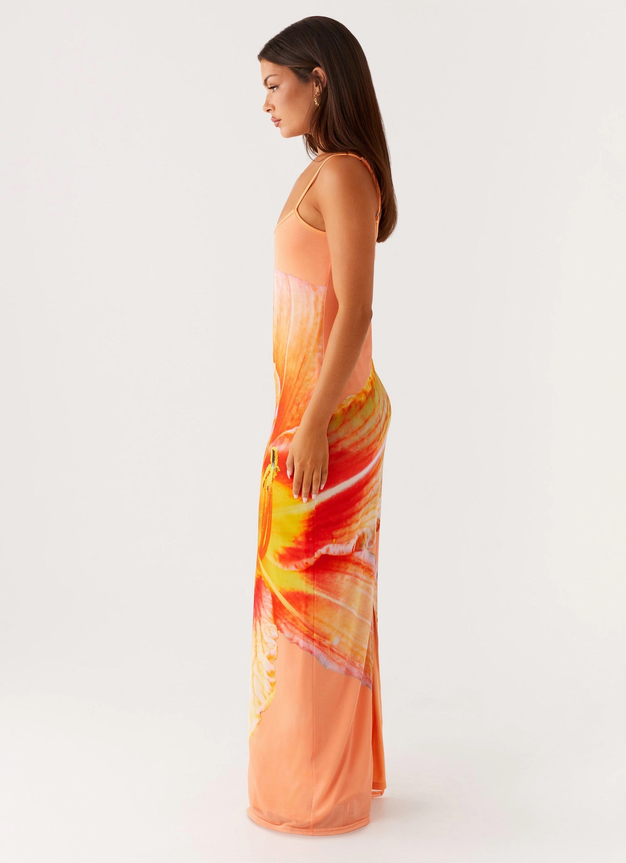 EasyCareMaterial Fresh Stitch Bad News Mesh Maxi Dress - Orange Floral