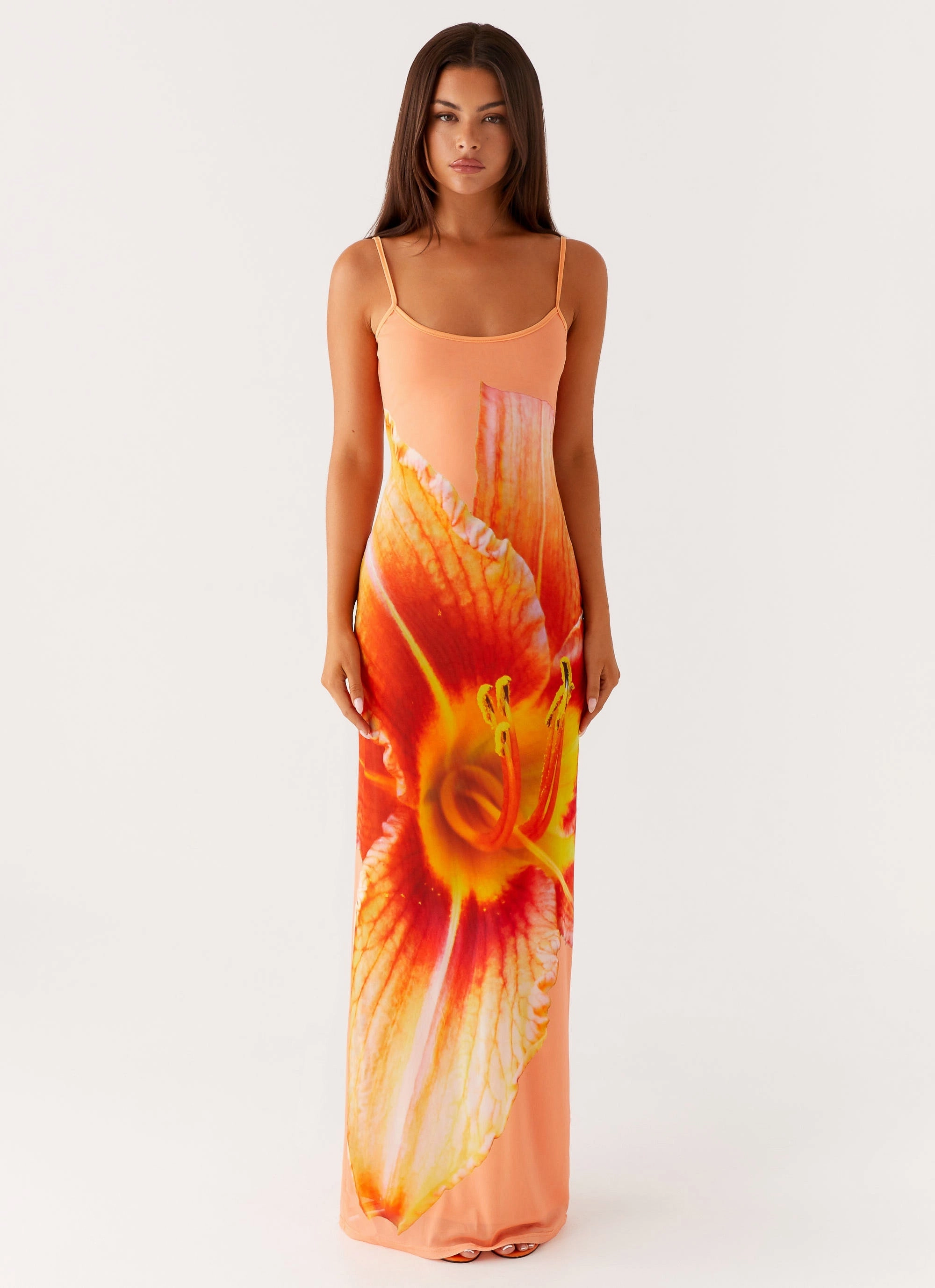 Bad News Mesh Maxi Dress - Orange Floral Flattering and Chic
