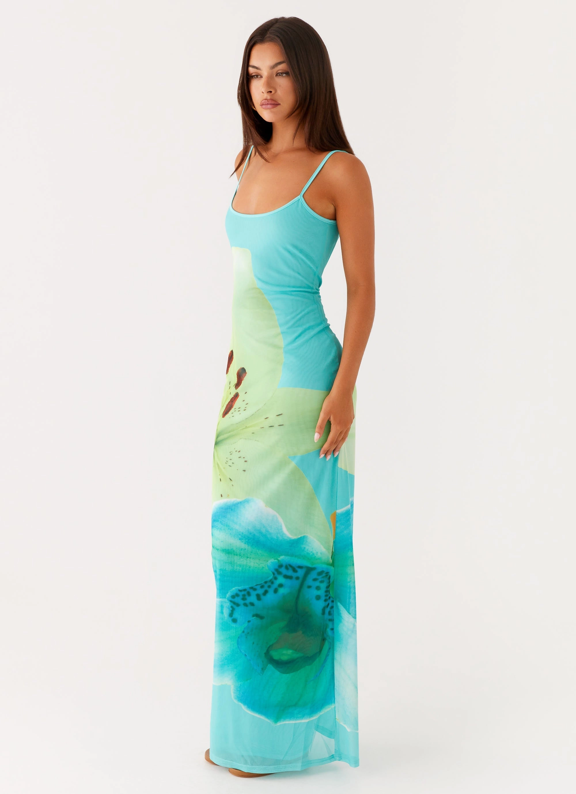 Bad News Mesh Maxi Dress - Turquoise Floral Sharp Mood