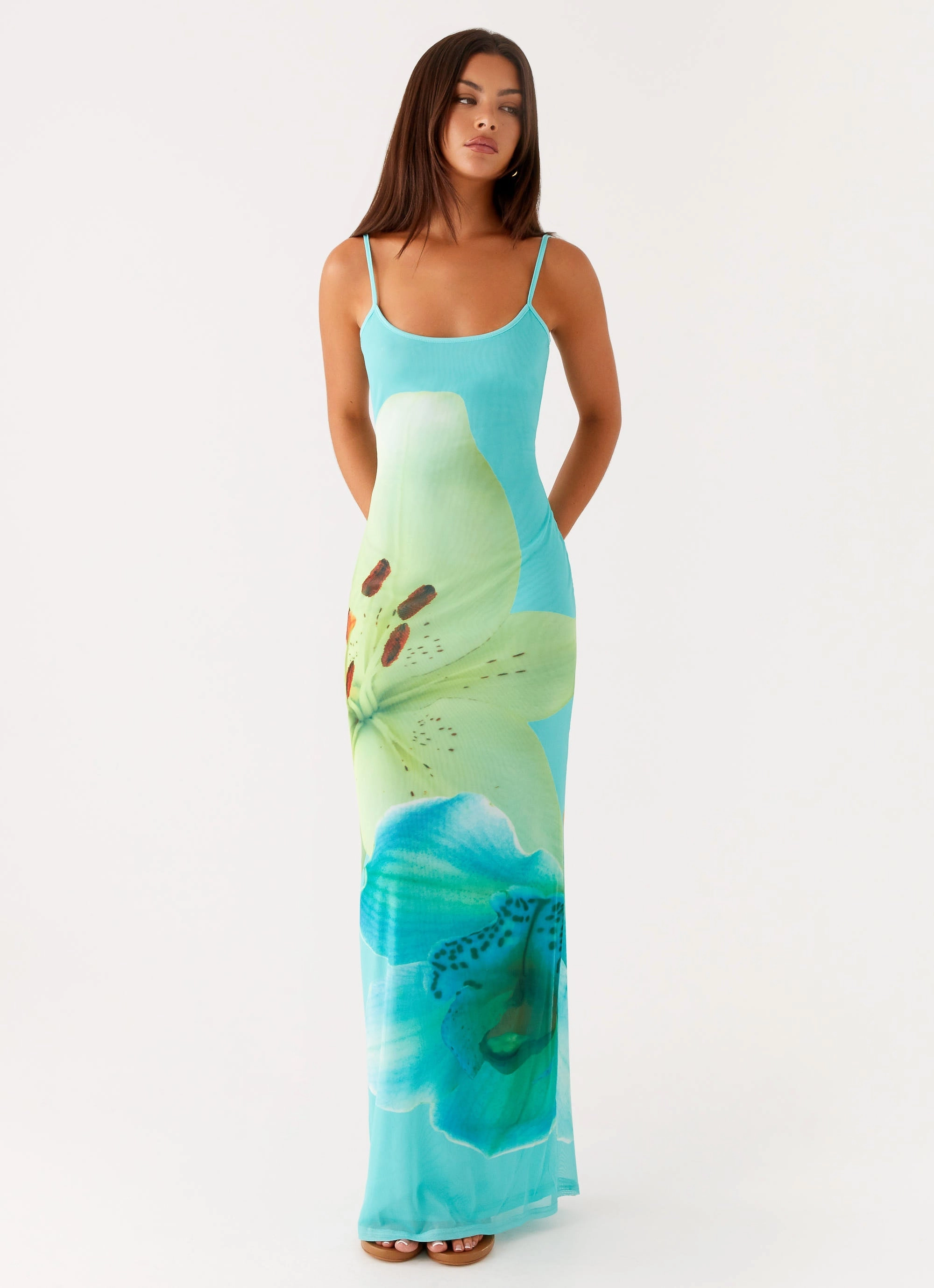 Urban Feel Minimal Harmony Bad News Mesh Maxi Dress - Turquoise Floral