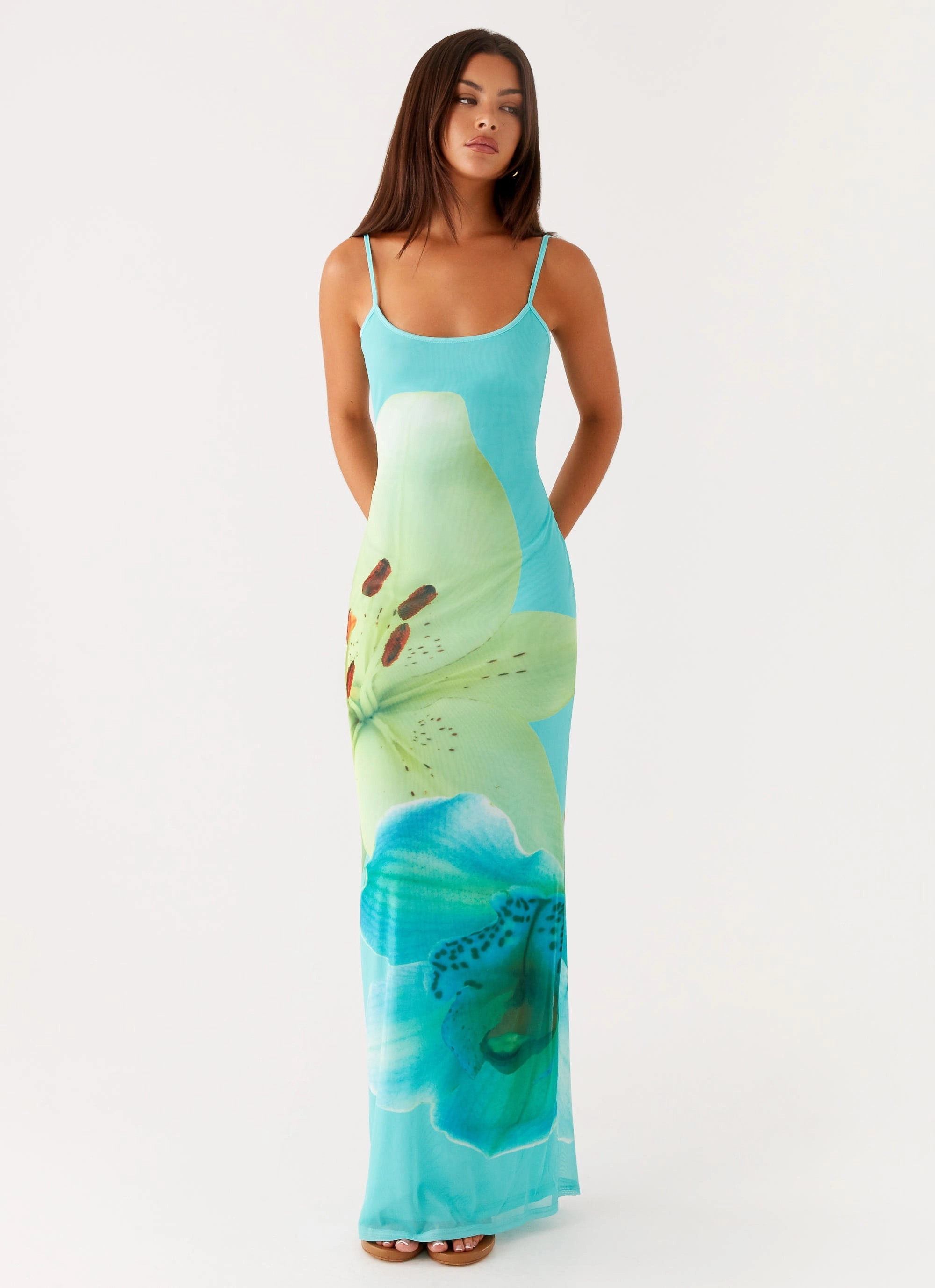 Bad News Mesh Maxi Dress - Turquoise Floral Stylish Silhouette