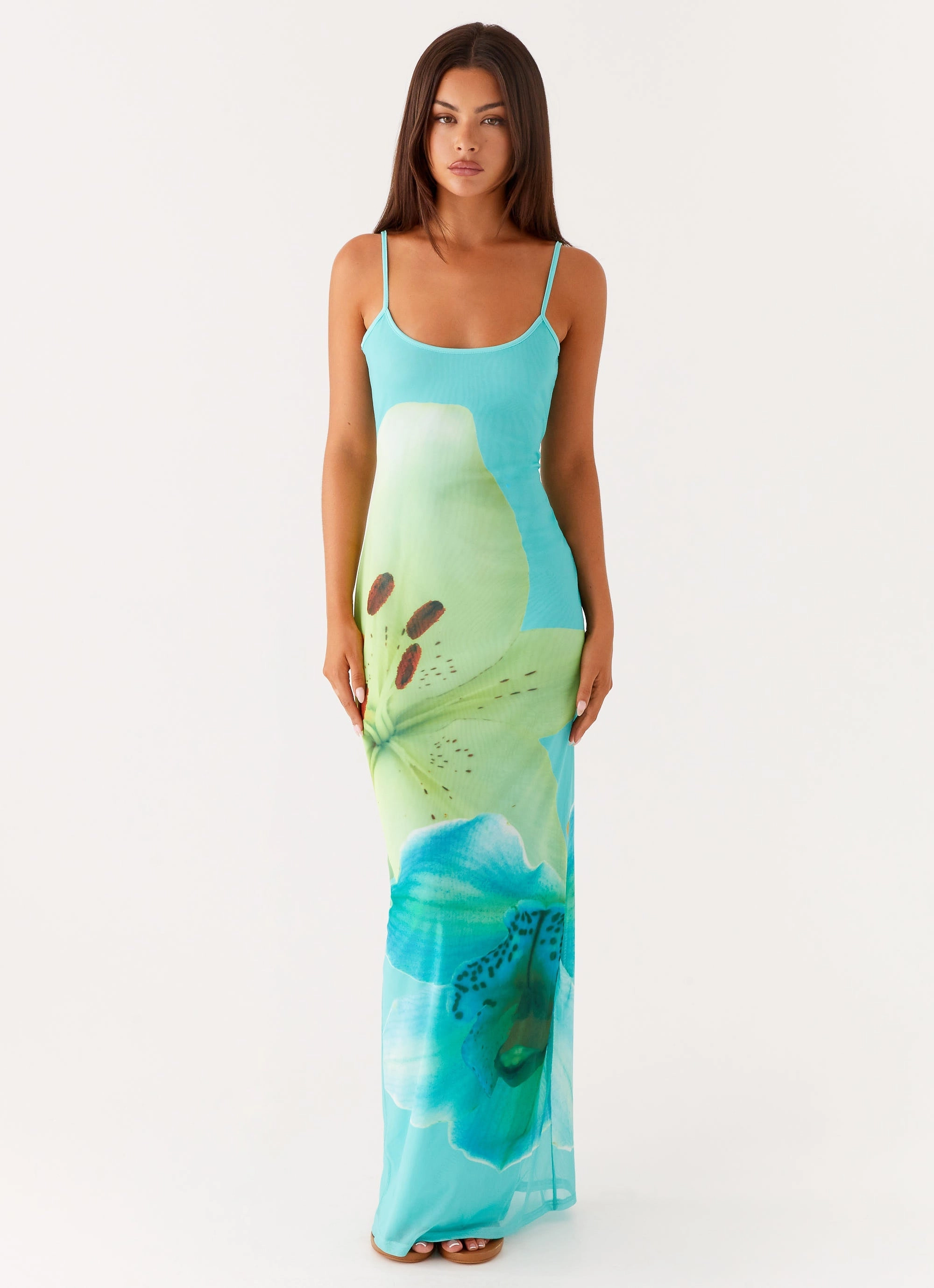 Easy Layering Piece Bad News Mesh Maxi Dress - Turquoise Floral