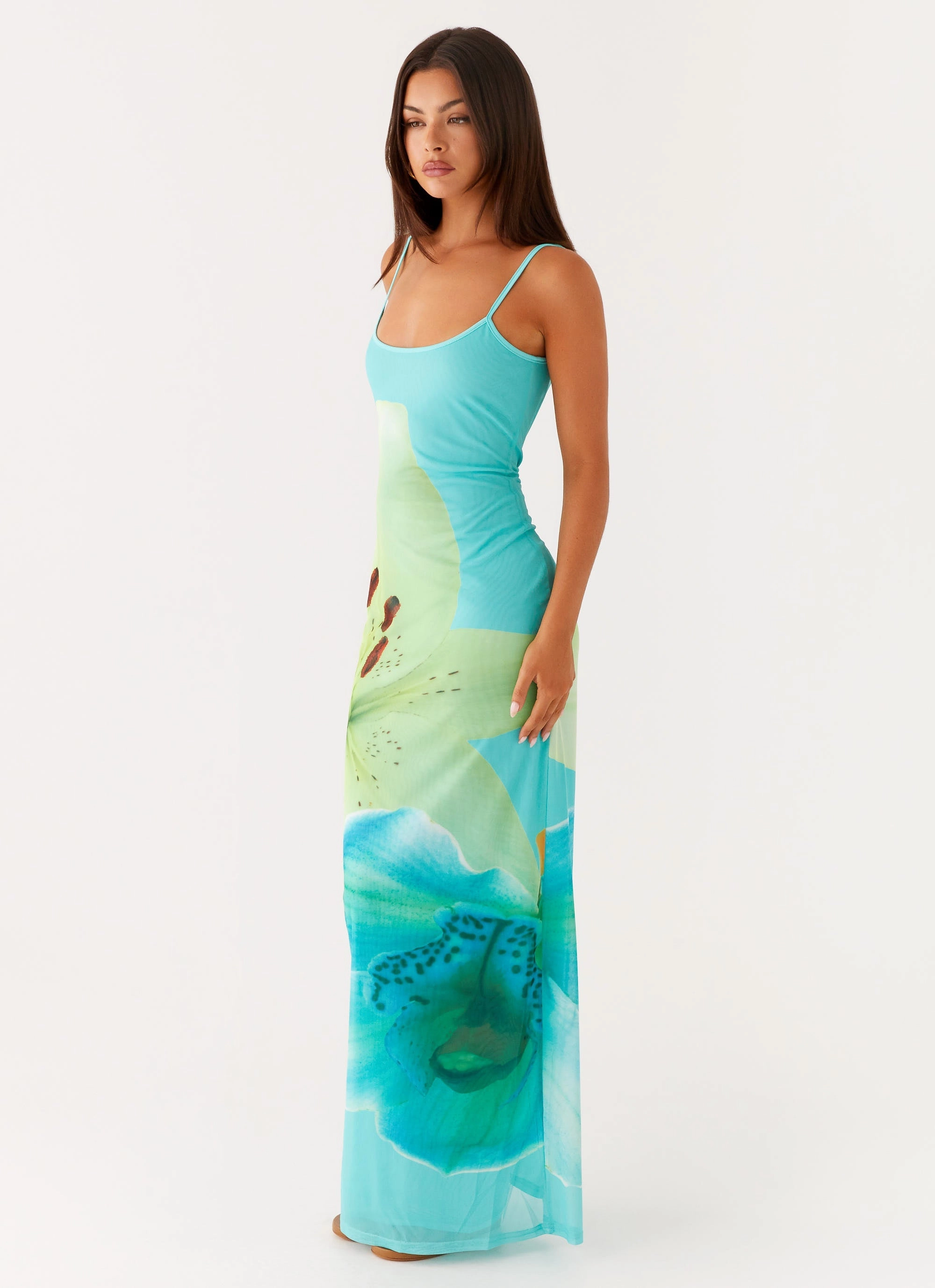 Full Coverage Easy Elegance Bad News Mesh Maxi Dress - Turquoise Floral