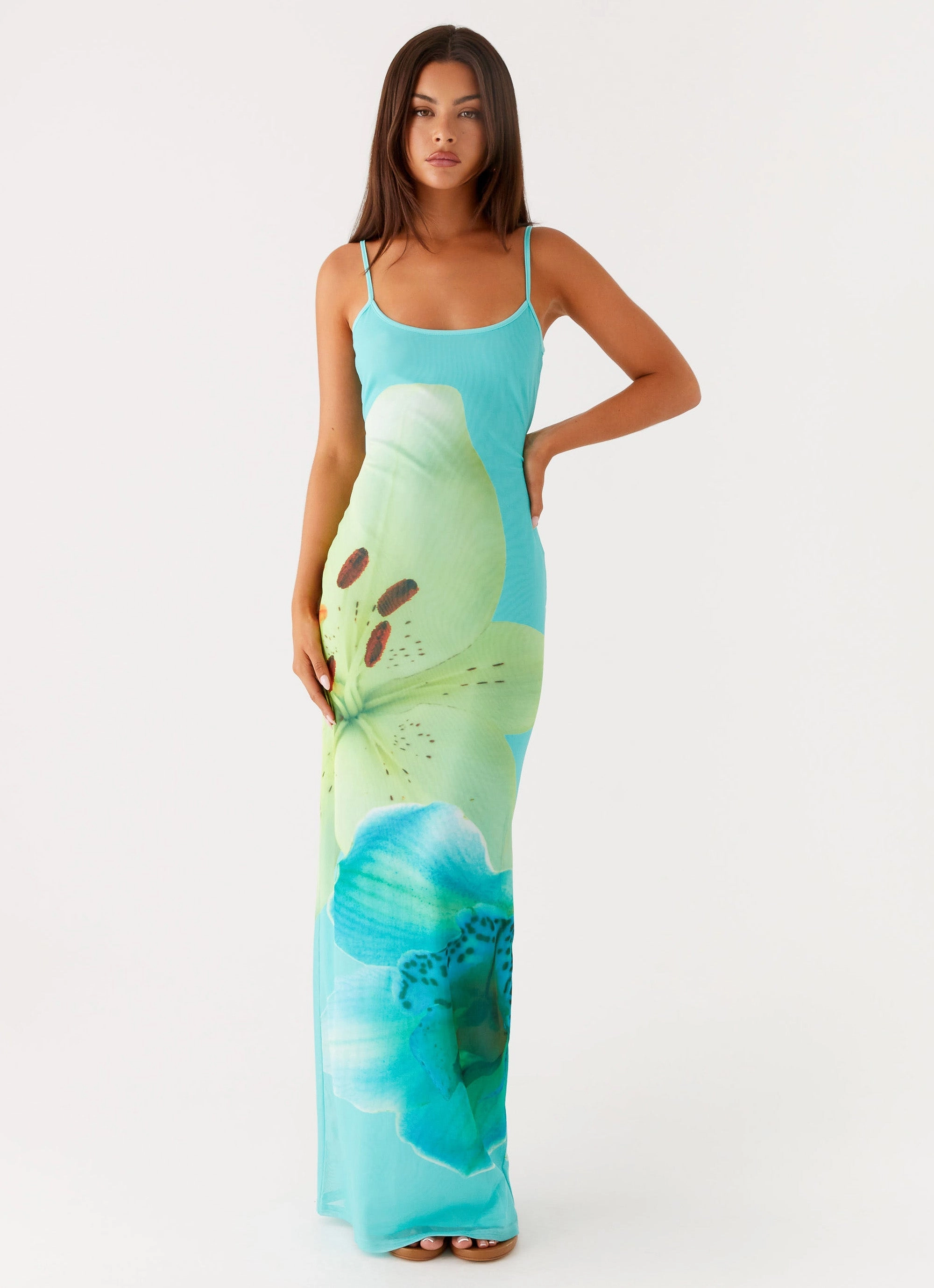 Bad News Mesh Maxi Dress - Turquoise Floral Pure Look