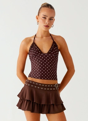 BreathableMeshPanels Bahama Eyelet Lace Up Top - Chocolate Strawberry Dot