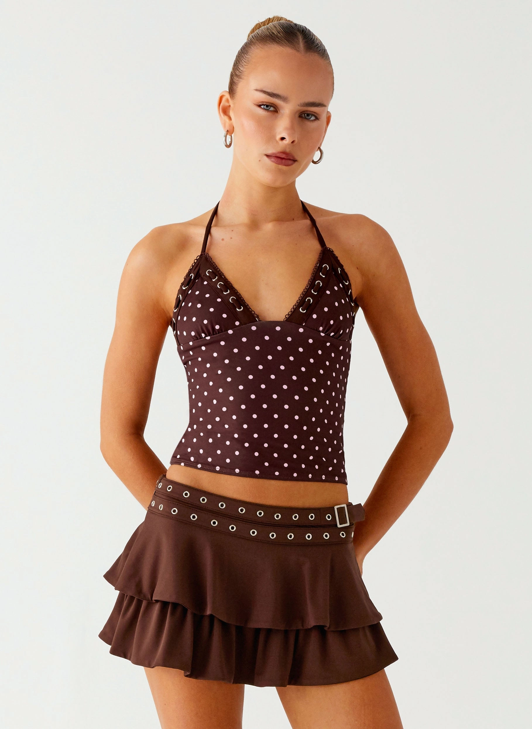 BreathableMeshPanels Bahama Eyelet Lace Up Top - Chocolate Strawberry Dot