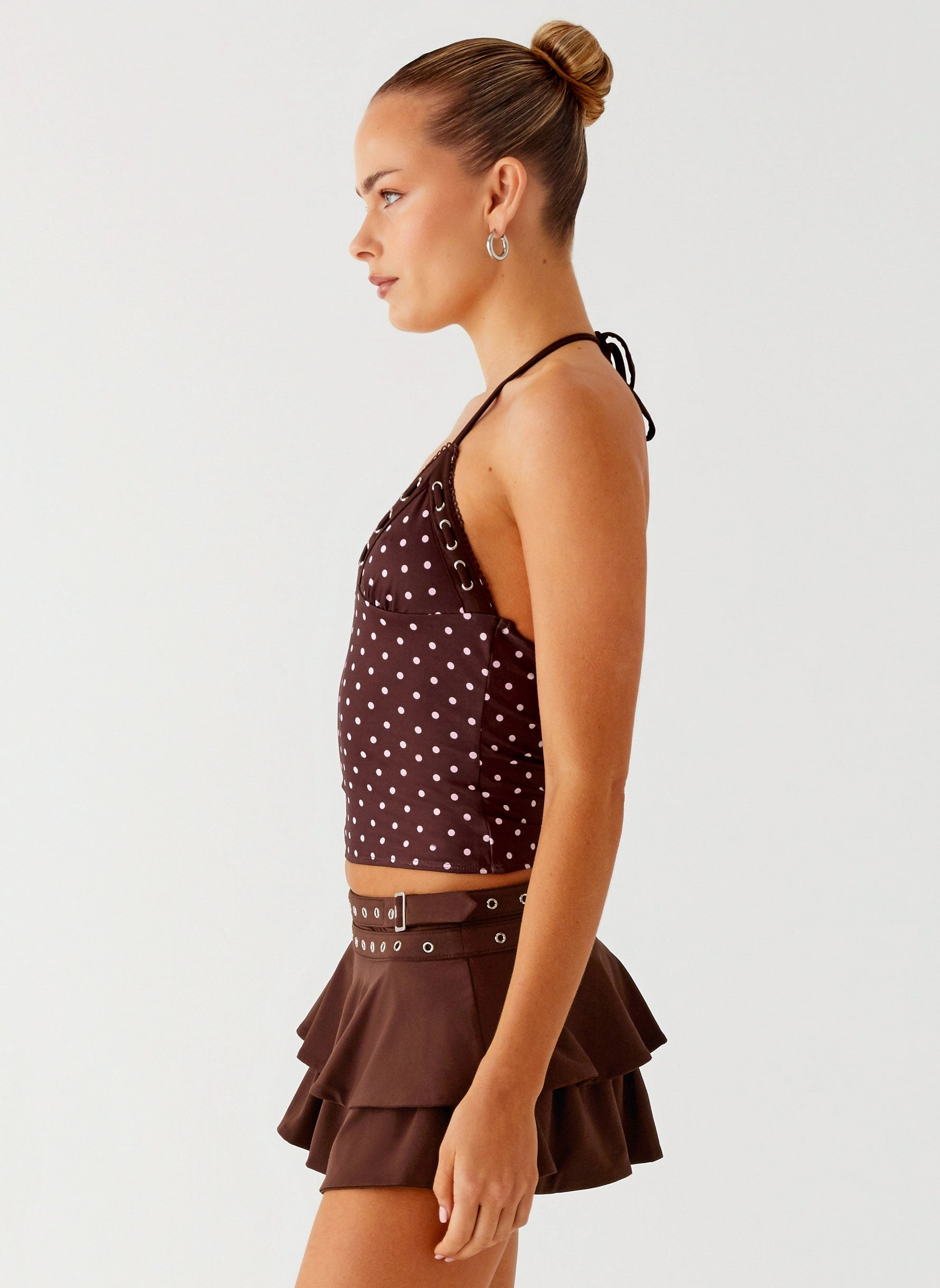 Bahama Eyelet Lace Up Top - Chocolate Strawberry Dot Non Irritating Seams