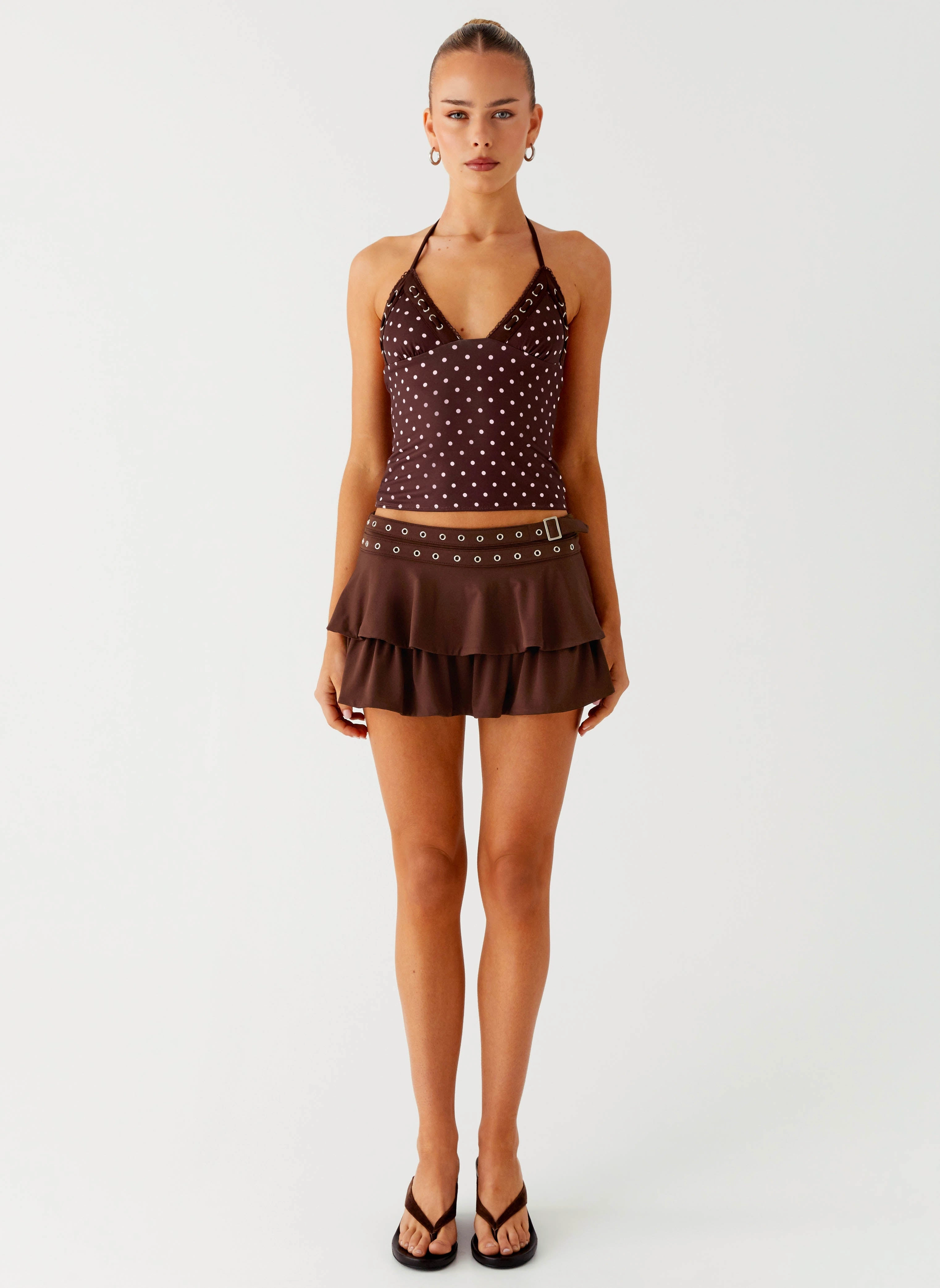 Bahama Eyelet Lace Up Top - Chocolate Strawberry Dot Placket Detailing