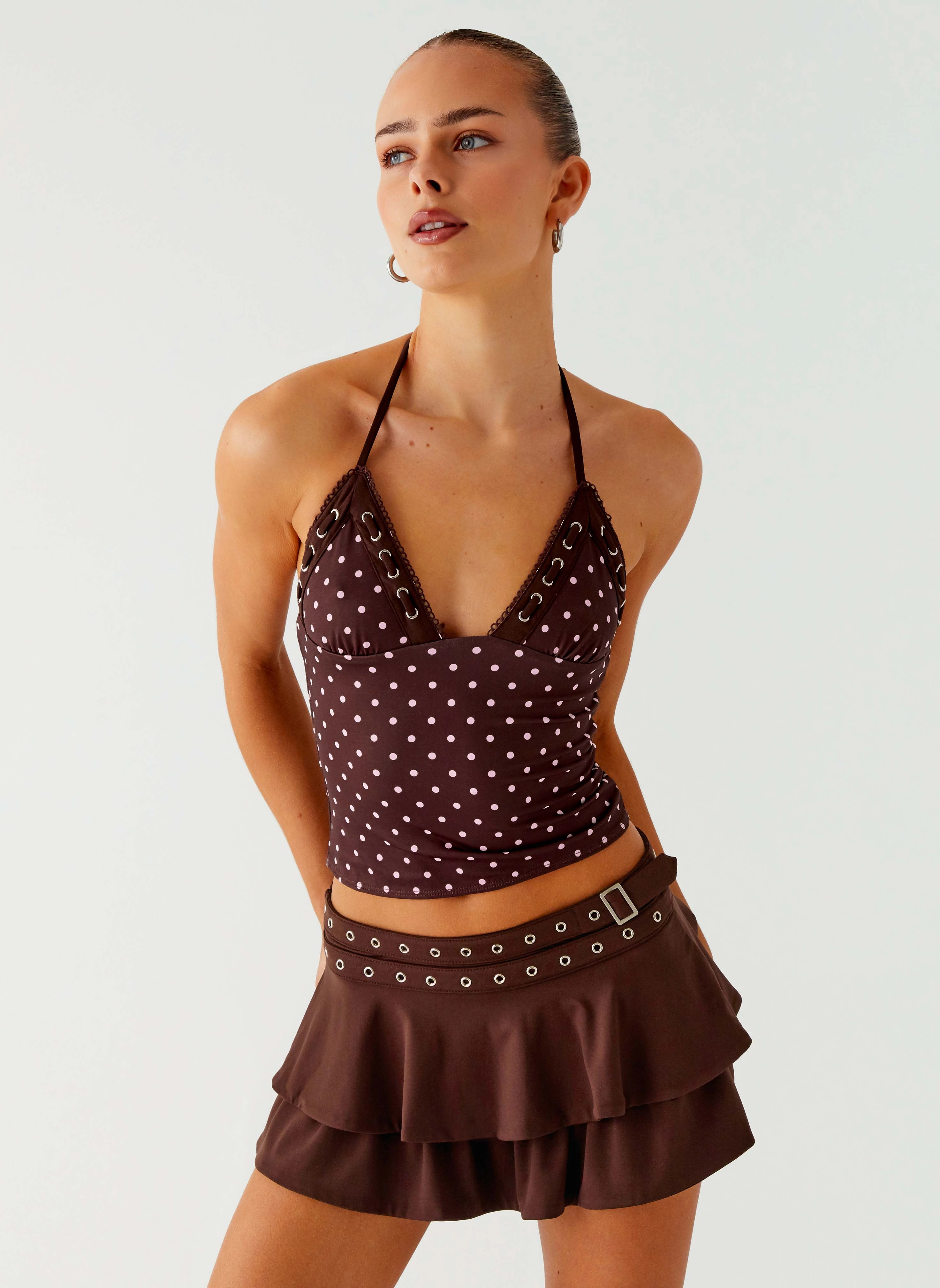 Bahama Eyelet Lace Up Top - Chocolate Strawberry Dot Drop Shoulder Design