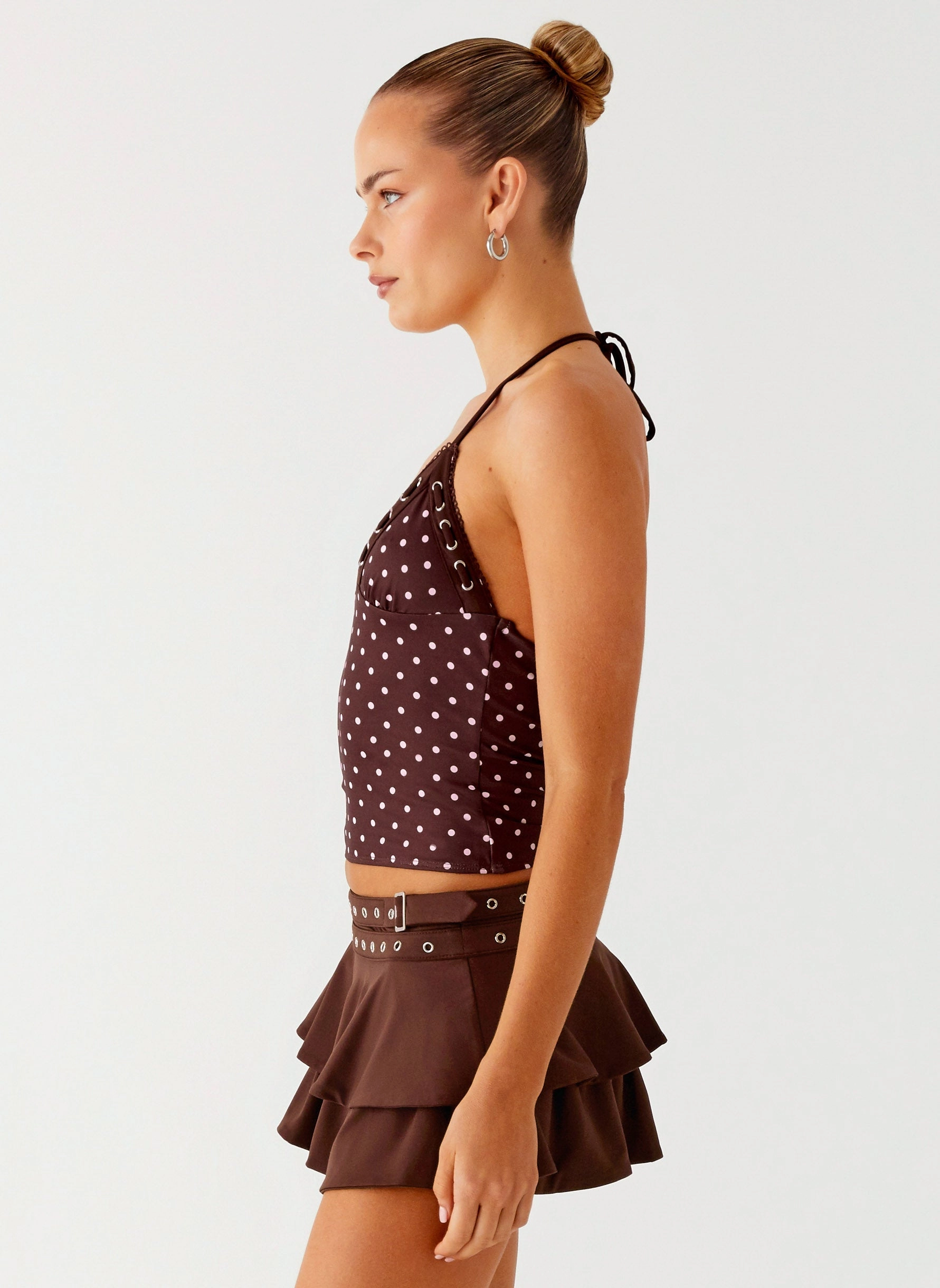 MultipanelLayout Bahama Eyelet Lace Up Top - Chocolate Strawberry Dot