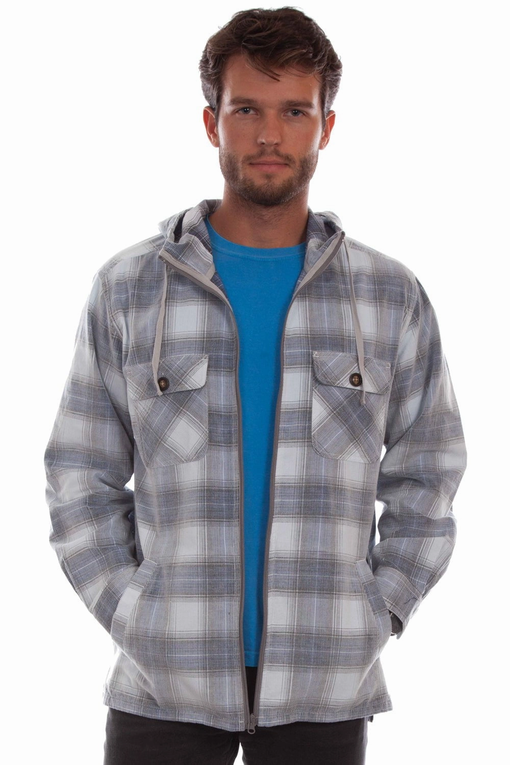 Scully Mens Unlined Plaid Blue/Grey 100% Cotton Hoodie Ergonomic Shoulder Fit