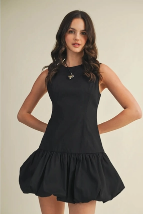 Anti-Static-Finish Balloon Hem Mini Dress - Black