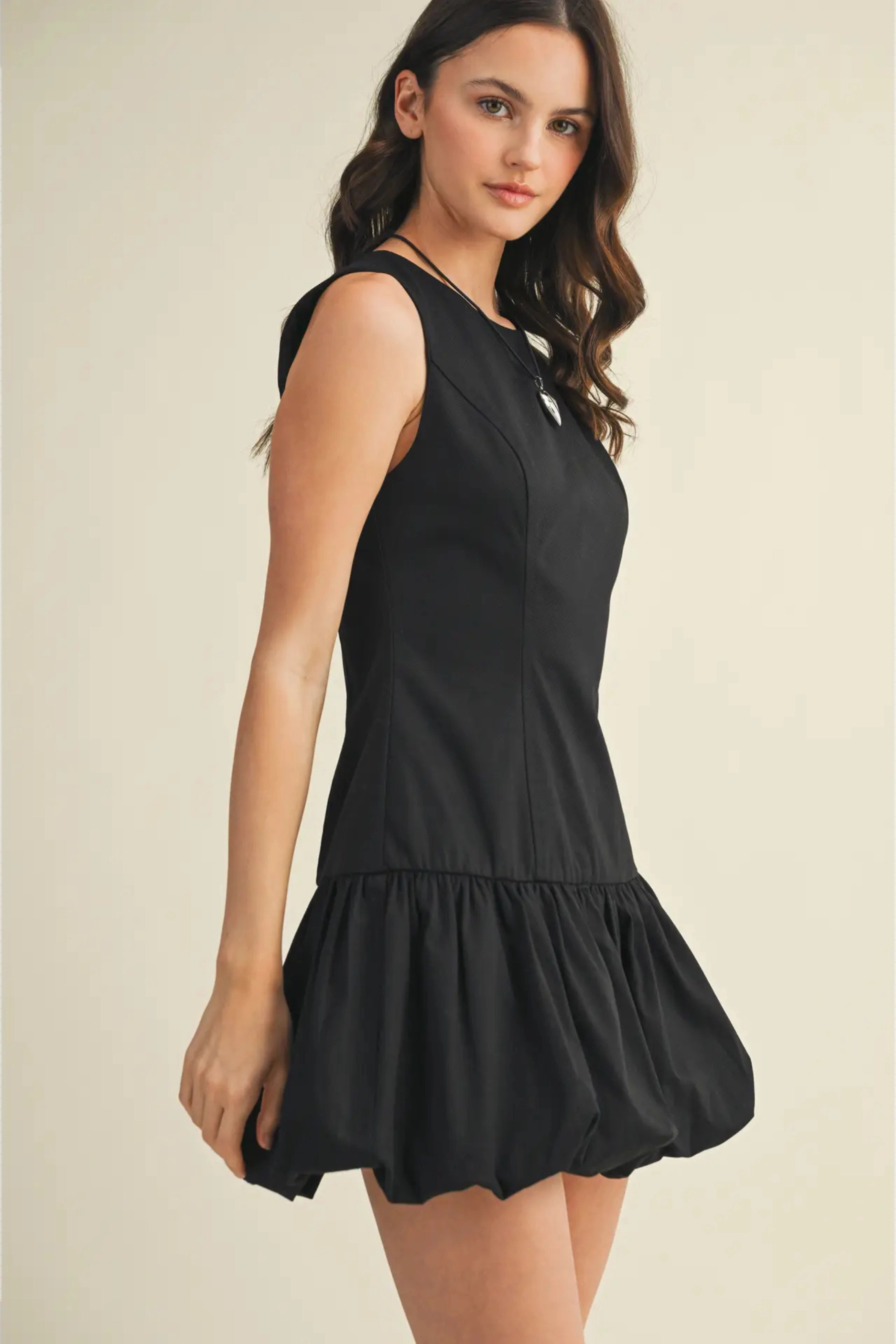 Balloon Hem Mini Dress - Black Natural Wrap