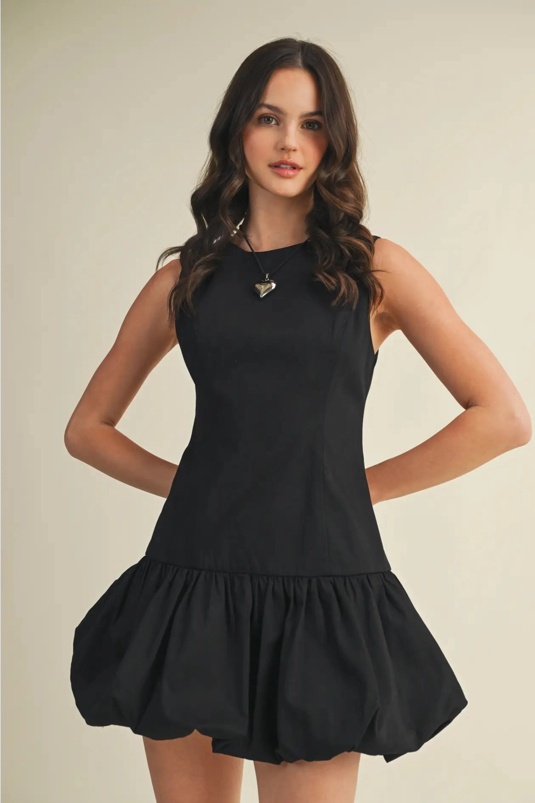 Thermal Insulation Layer Balloon Hem Mini Dress - Black