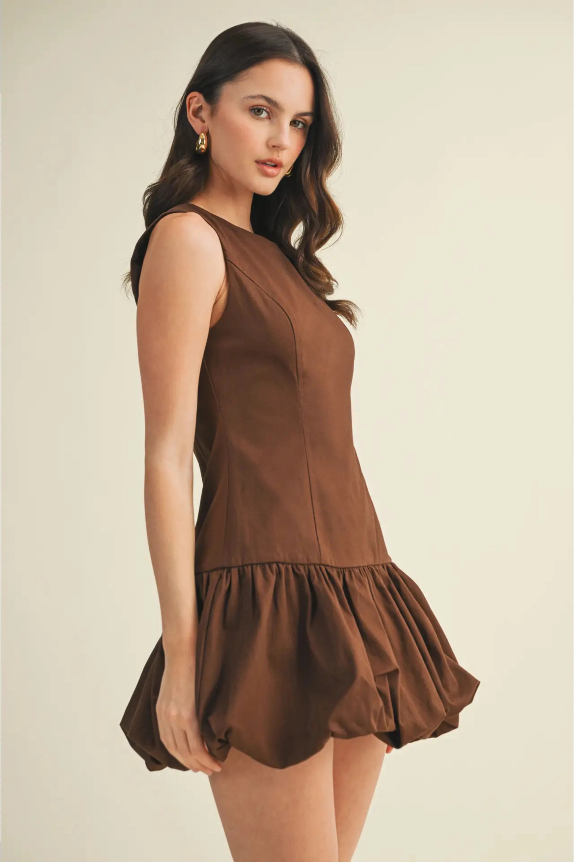 Balloon Hem Mini Dress - Brown Sleek Outline