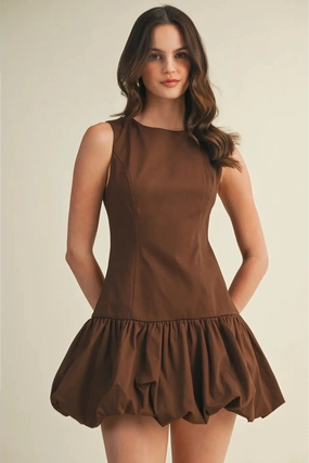 Layered Comfort Front-Slit Balloon Hem Mini Dress - Brown