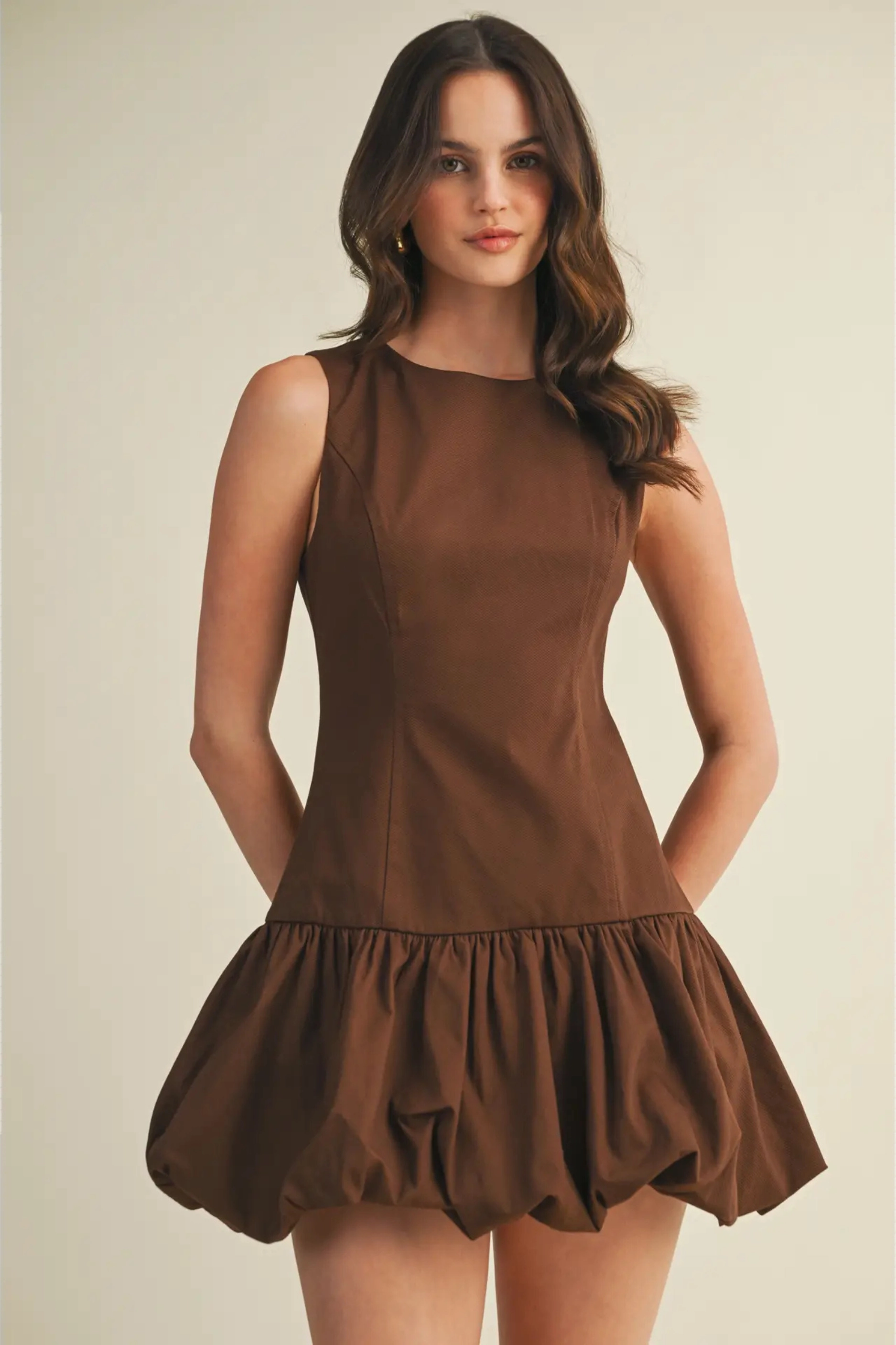 Comfortable fit Bonded Seam Durability Balloon Hem Mini Dress - Brown