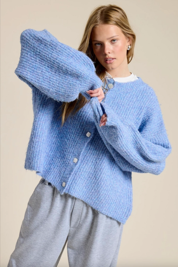 Comfortable fit Balloon Sleeve Knit Cardigan - Blue