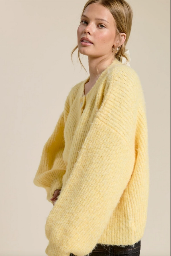 Adjustable drawstring Balloon Sleeve Knit Cardigan - Butter