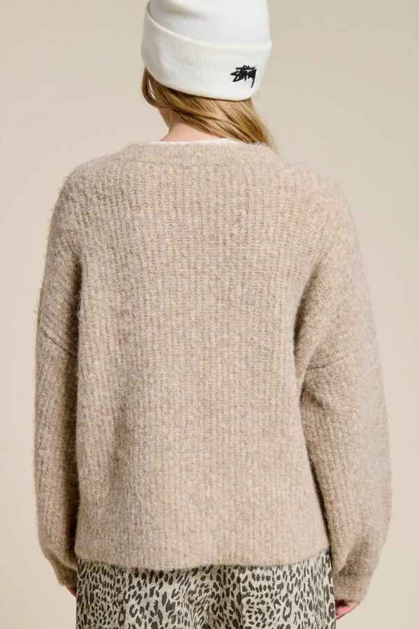 Hot Weather Flatlock Stitching Technique Balloon Sleeve Knit Cardigan - Mocha