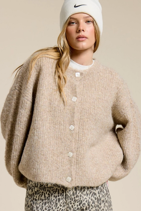 BreathableMeshPanels Balloon Sleeve Knit Cardigan - Mocha