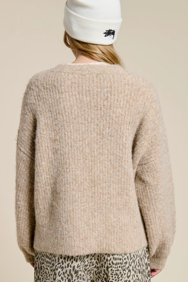 Convertible Neckline Balloon Sleeve Knit Cardigan - Mocha