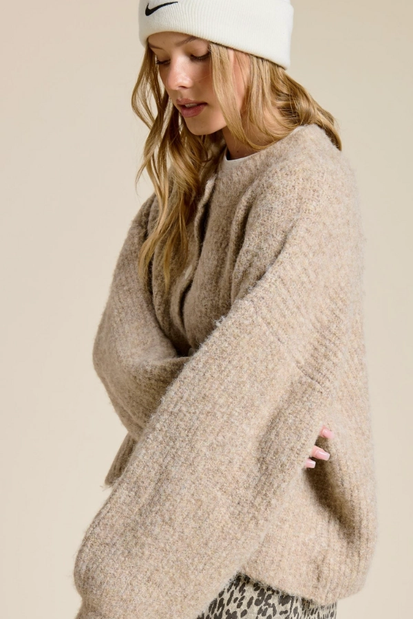 Balloon Sleeve Knit Cardigan - Mocha SoftInteriorLining