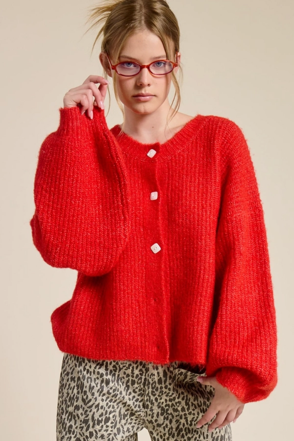 Balloon Sleeve Knit Cardigan - Scarlet NonIrritating Stitching