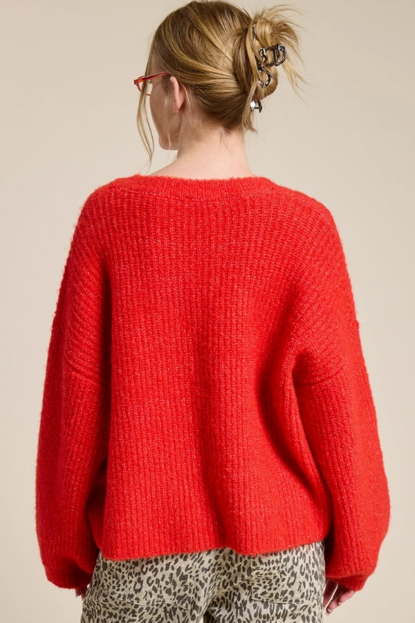 Soft touch finish Balloon Sleeve Knit Cardigan - Scarlet