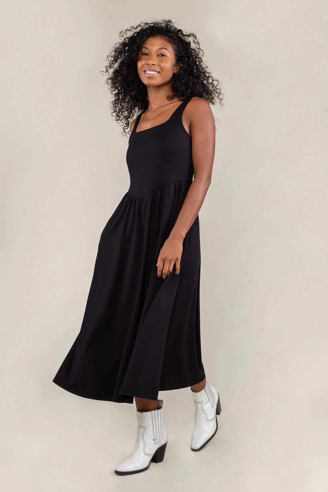Basic Swing Midi Dress - Black Layered Hem Detailing NonToxic Certification