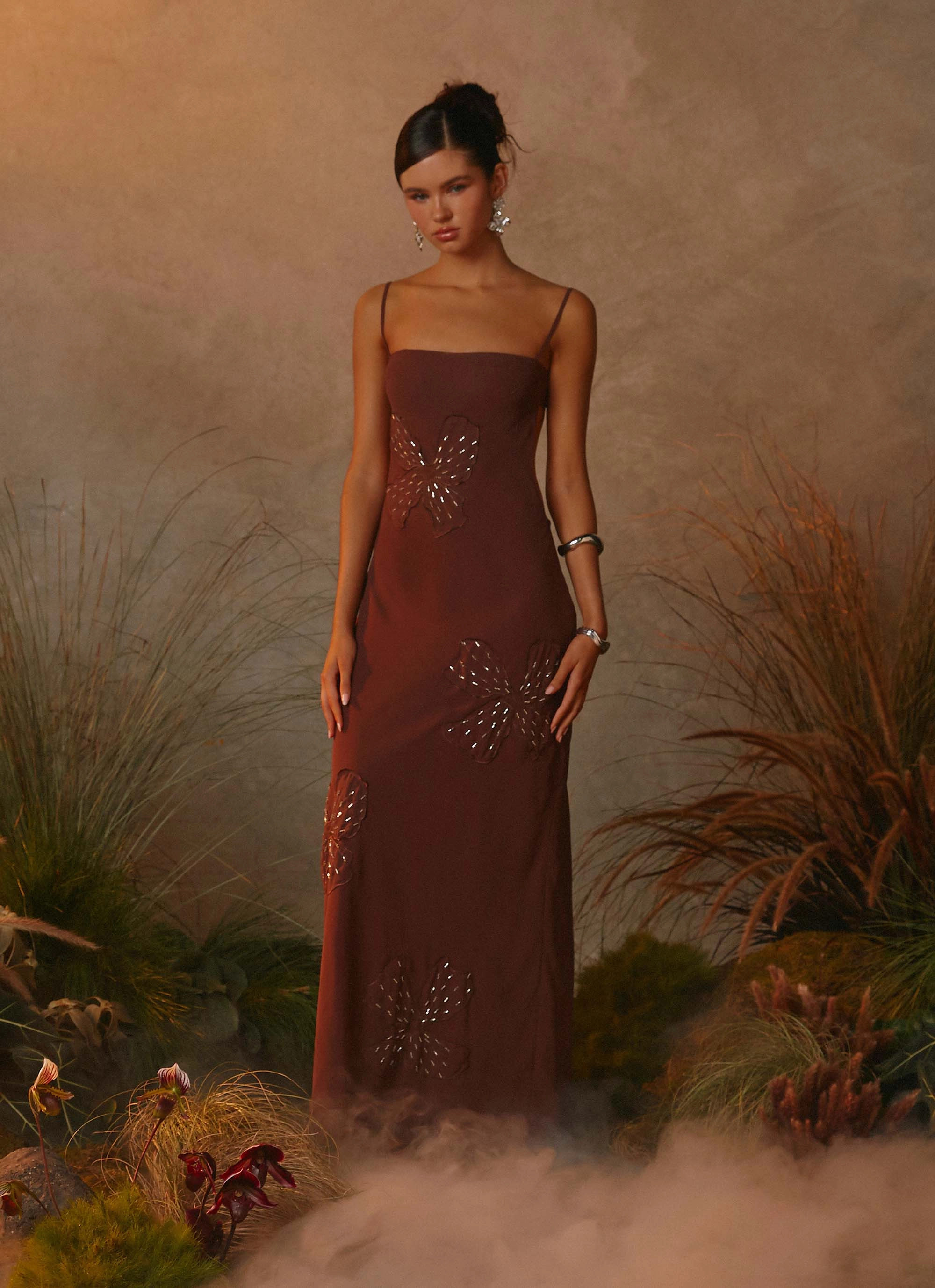 Bayla Beaded Flower Maxi Dress - Chocolate Spring Mood