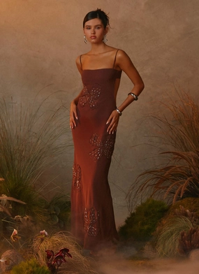 Office Ease Bayla Beaded Flower Maxi Dress - Chocolate