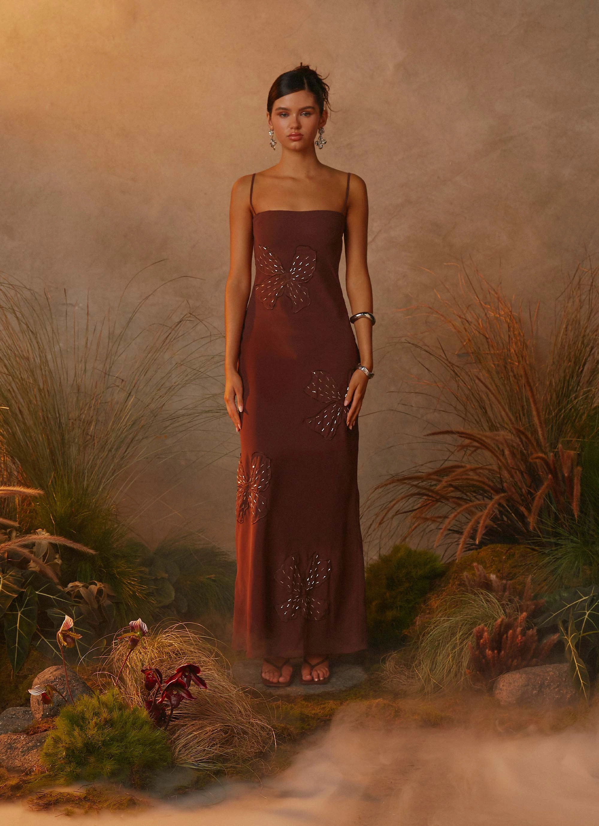 Flattering Fit Bayla Beaded Flower Maxi Dress - Chocolate