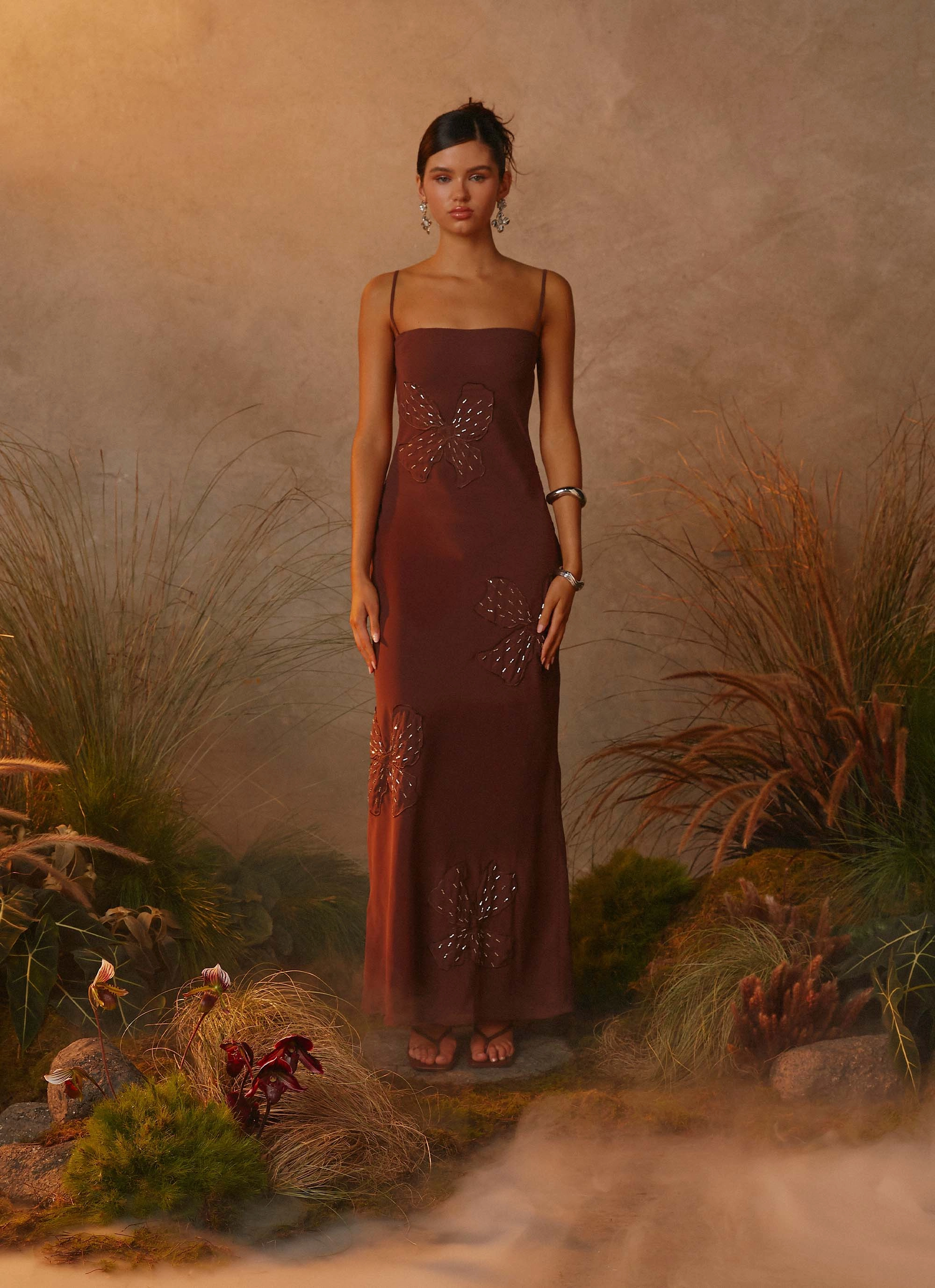 Evening Wear Vibrant Spirit Bayla Beaded Flower Maxi Dress - Chocolate