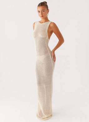 Occasion Ready Pastel Sky Beach House Crochet Maxi Dress - White