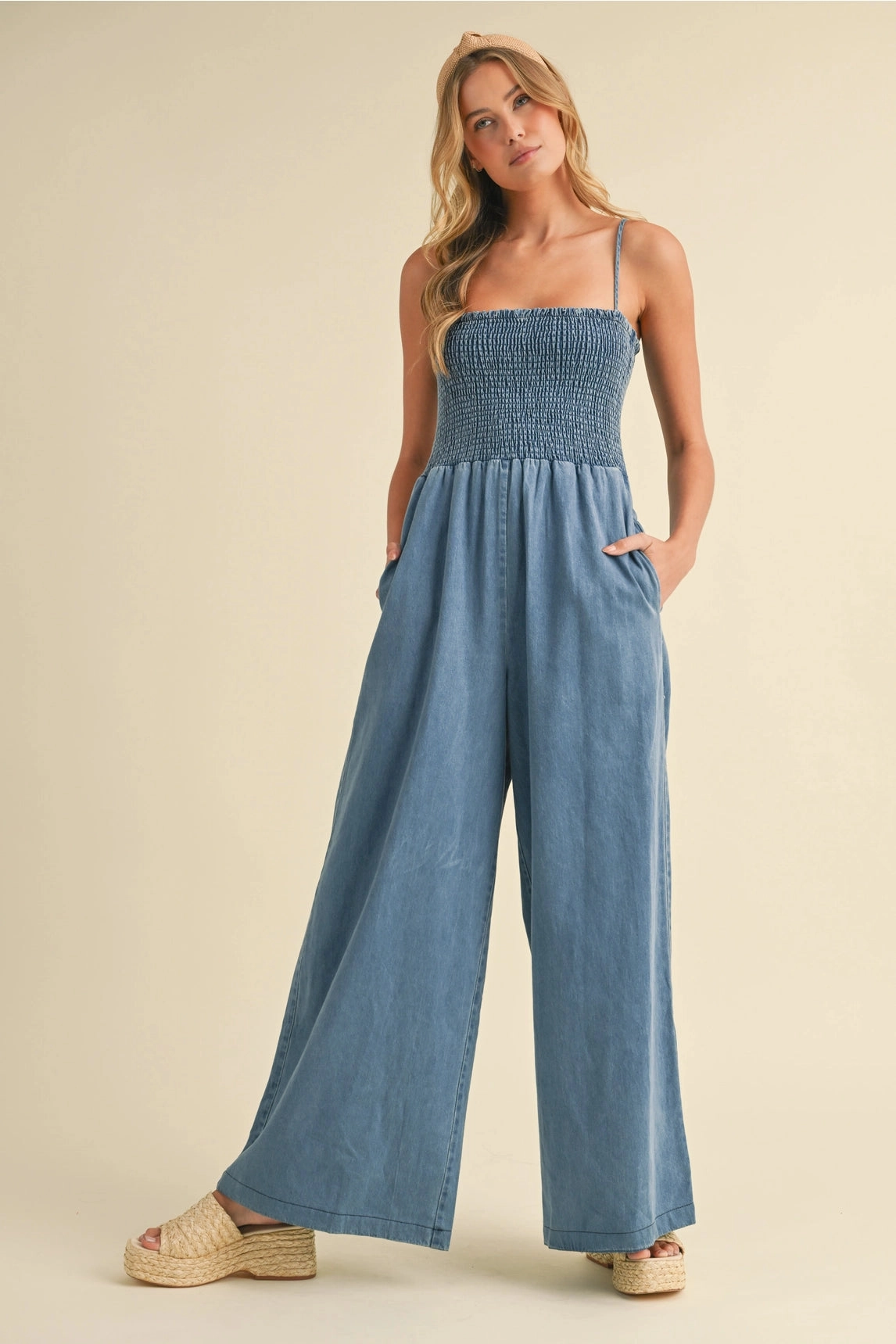 HygienicCoating Quick Dry Fabric Becca Smocked Denim Jumpsuit