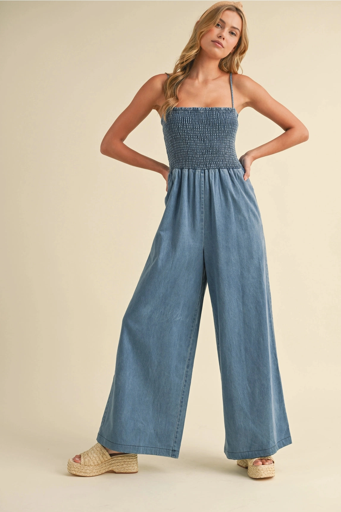 Becca Smocked Denim Jumpsuit Sophisticated Look Soft Brush Lining