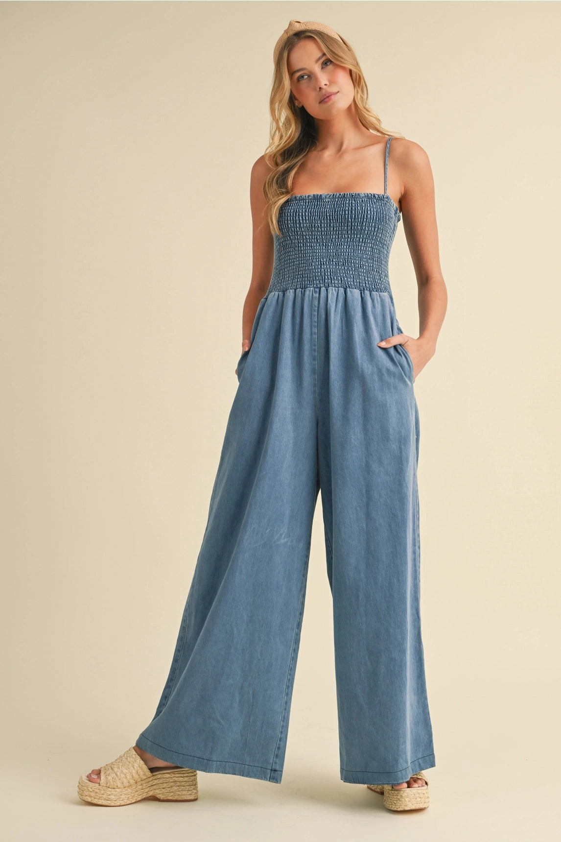Becca Smocked Denim Jumpsuit AntiFade Treatment Classic Cut