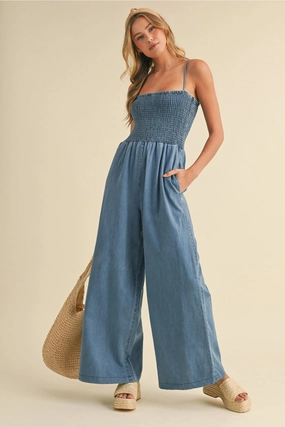 WrinkleFreeFabric Versatile Design Becca Smocked Denim Jumpsuit
