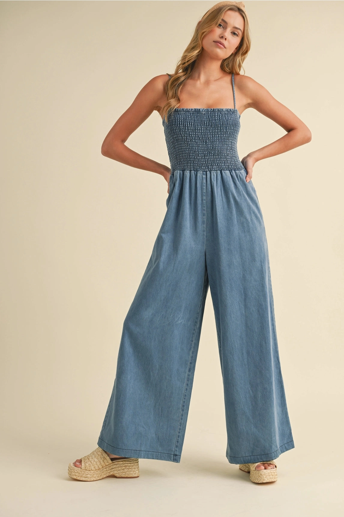 Raw Edge Finish Biodegradable material Becca Smocked Denim Jumpsuit