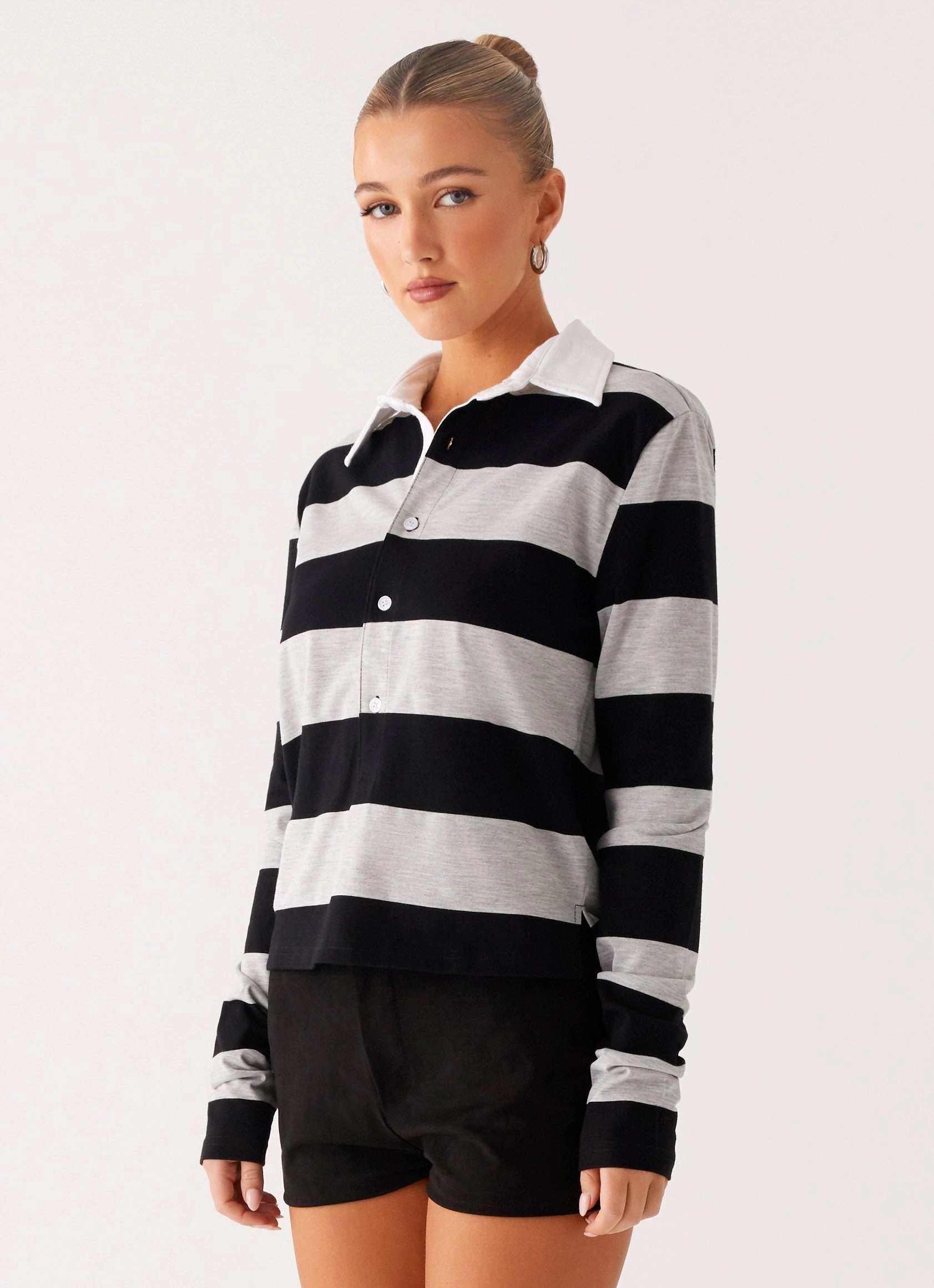 Beckett Polo Top - Grey Black Stripe Summer Blouse