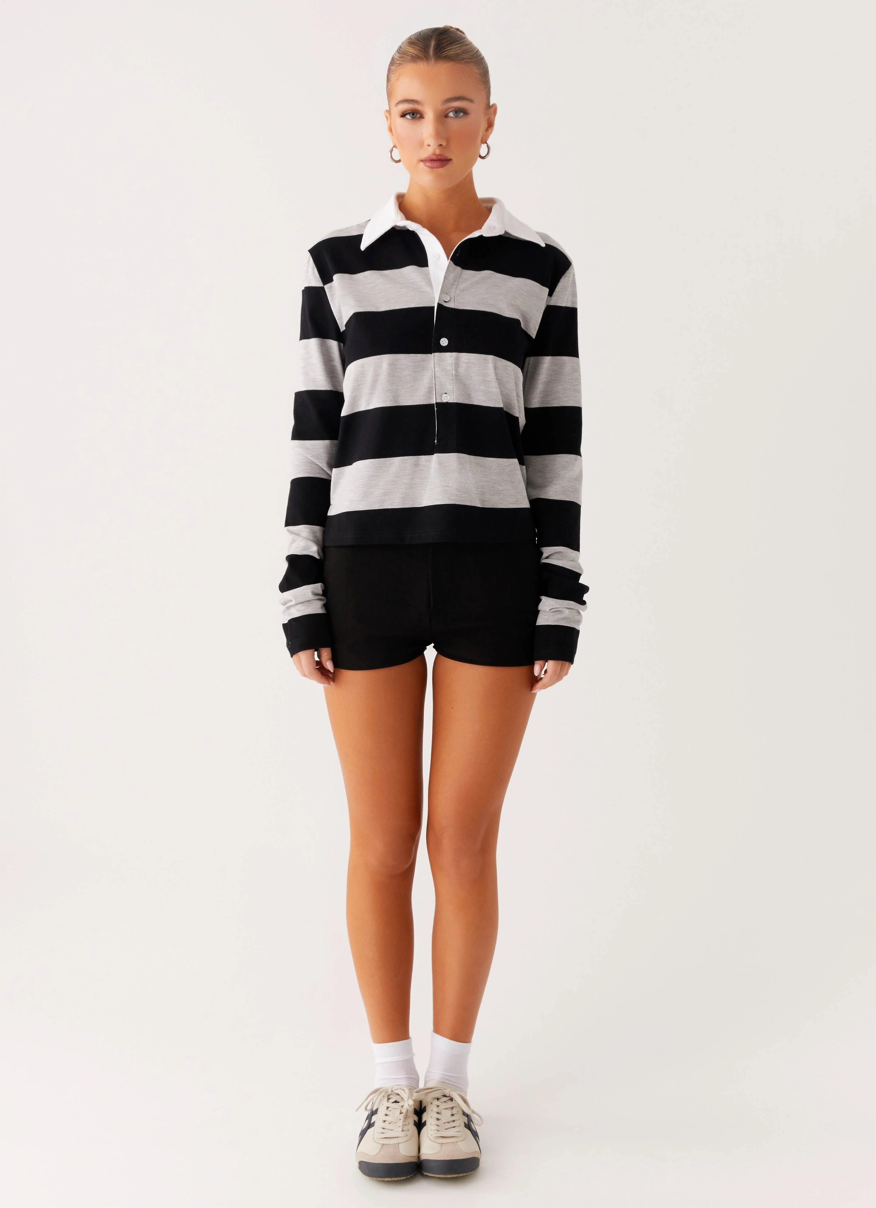 Beckett Polo Top - Grey Black Stripe NonToxicCoating Non Chafing Side Seams