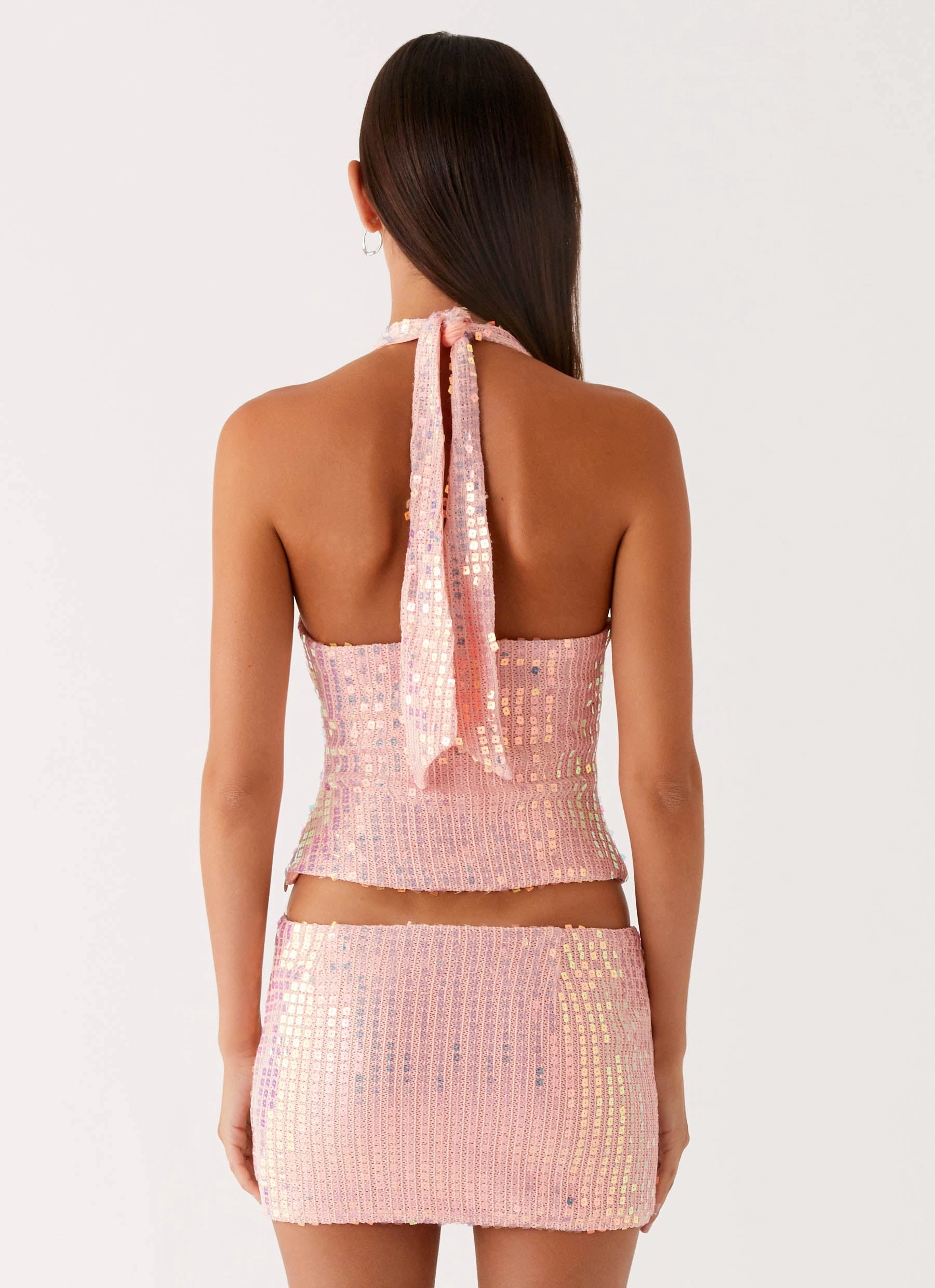 Been That Girl Halter Knit Sequin Top - Iridescent Pink Anti Bacterial Layer Thermal Regulation Technology