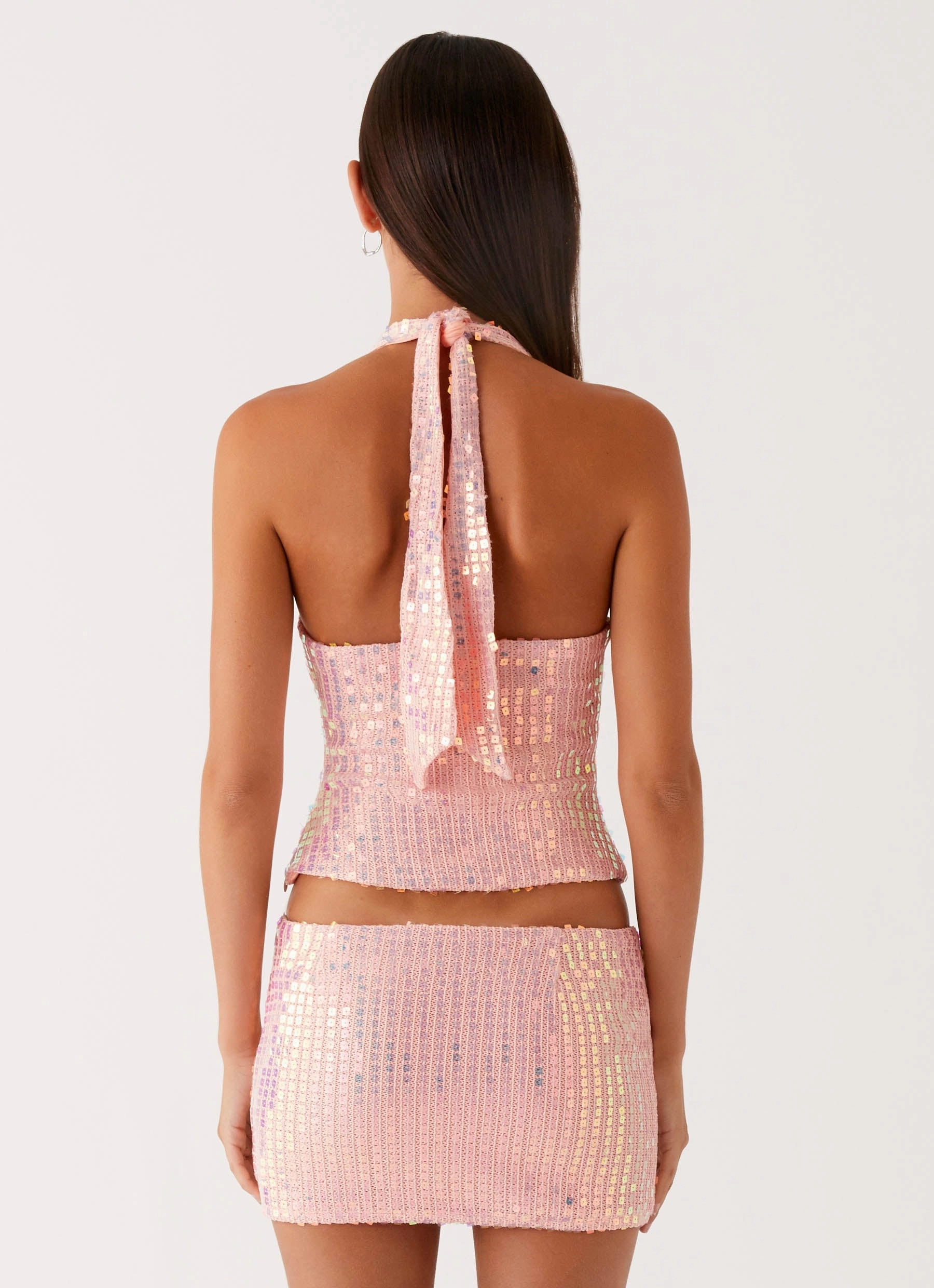 Been That Girl Halter Knit Sequin Top - Iridescent Pink Water Repellent Finish