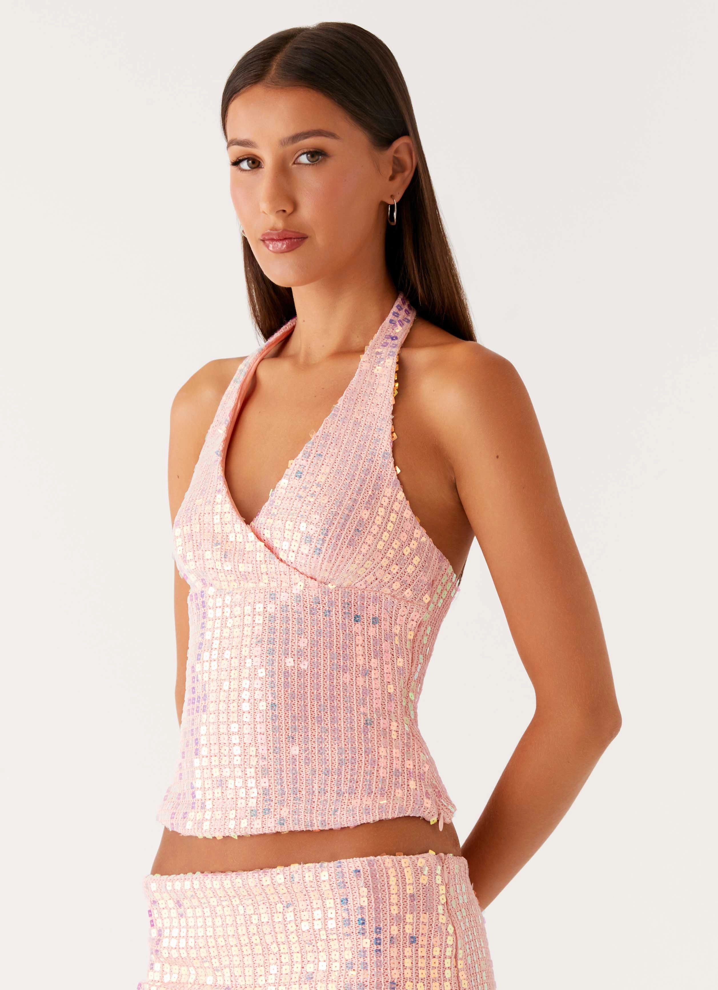 Sustainable Waterproofing Reflective Trim Details Been That Girl Halter Knit Sequin Top - Iridescent Pink