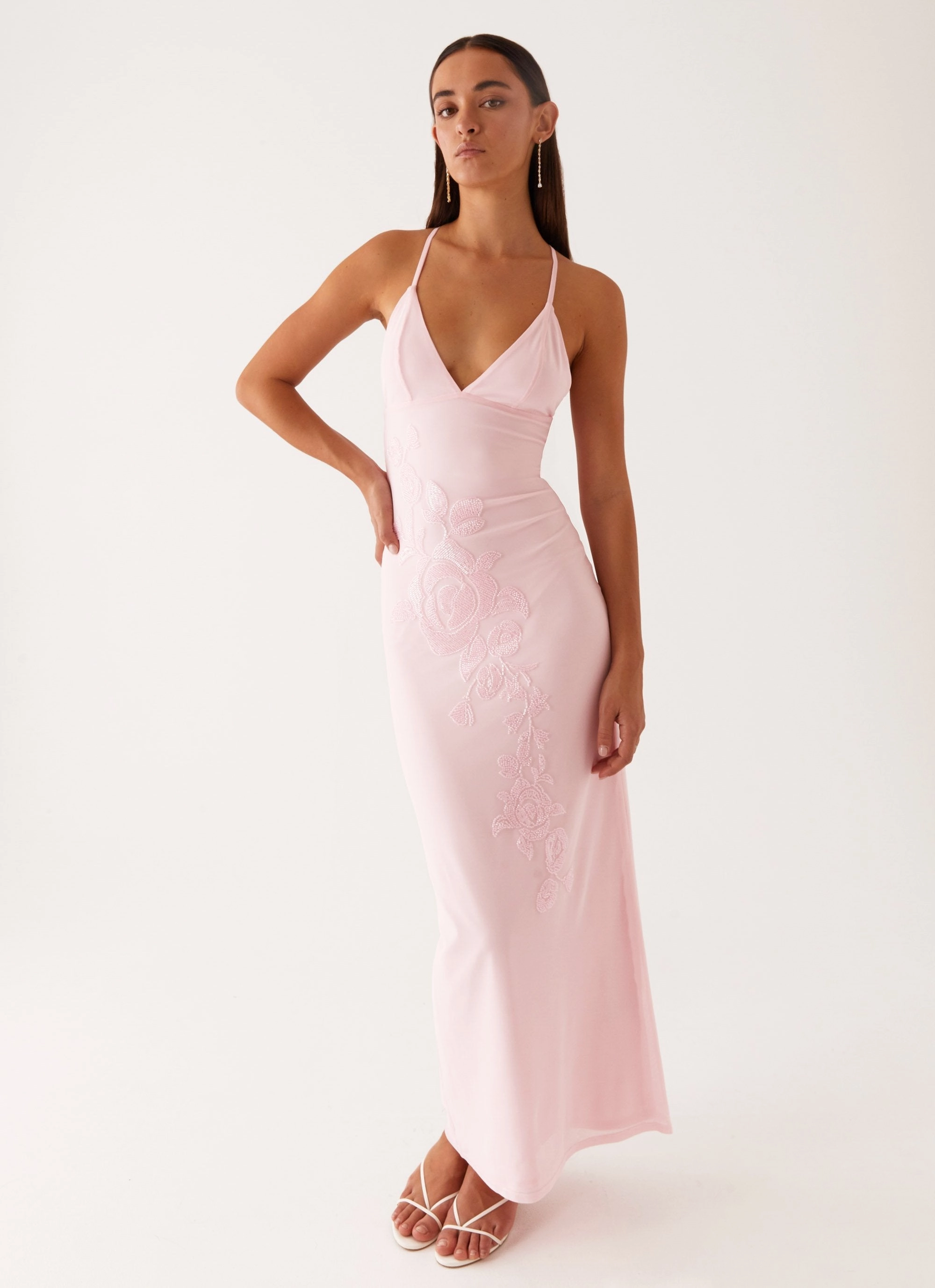 Textured Surface Beki Beaded Mesh Maxi Dress - Pink